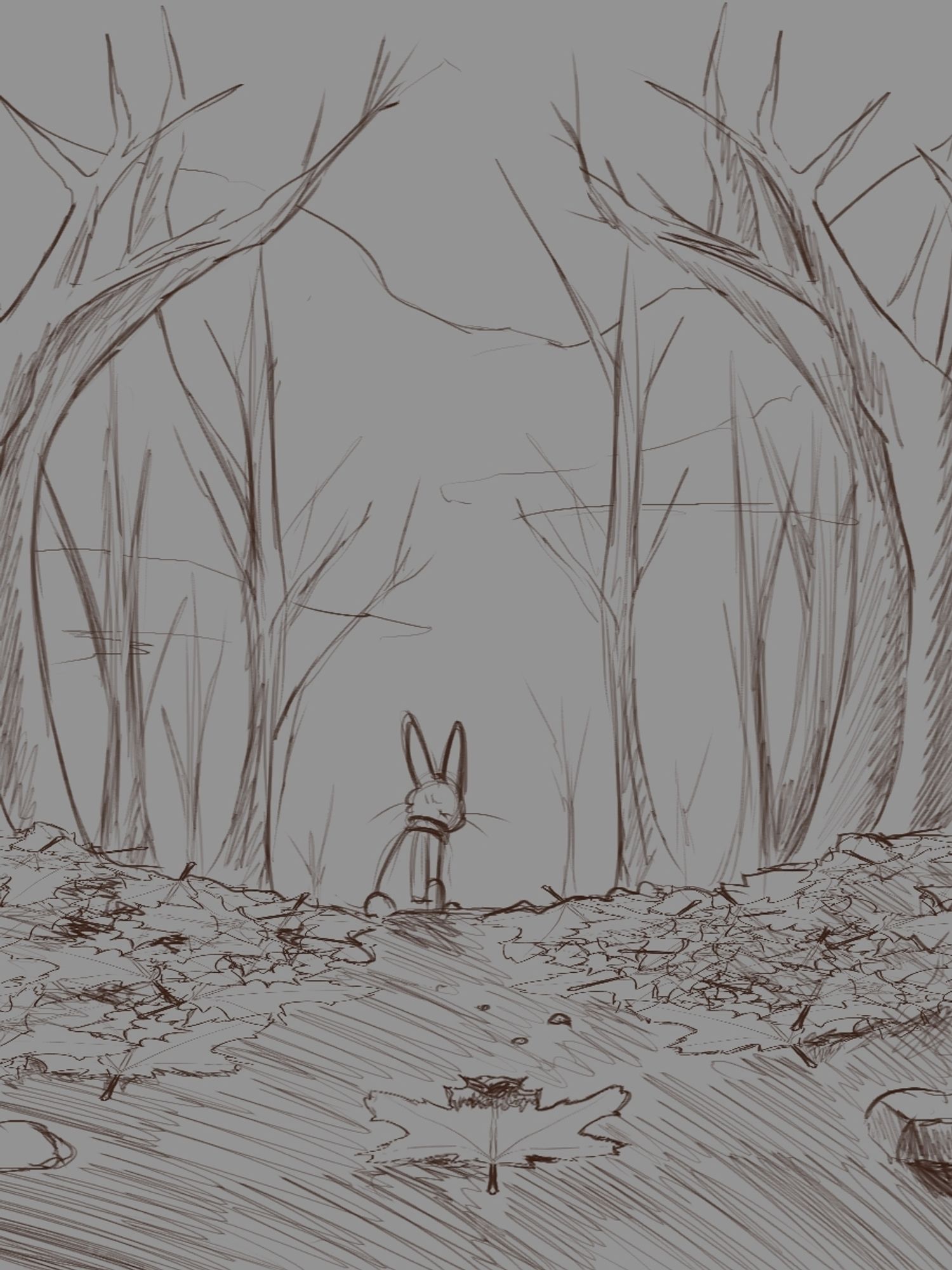 A sketch of a forest, bare of leaves, with all of the leaves on the ground. A bunny looks out into the forest.