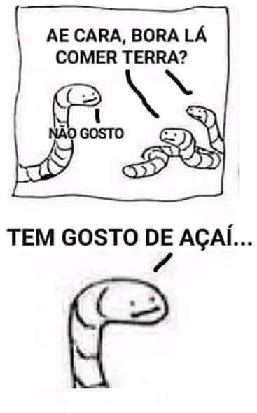 Tirinha com um monte de minhocas desenhadas e duas dizendo "Ae, cara. Bora lá comer terra?" e outra respondendo "Não gosto. Tem gosto de açaí"