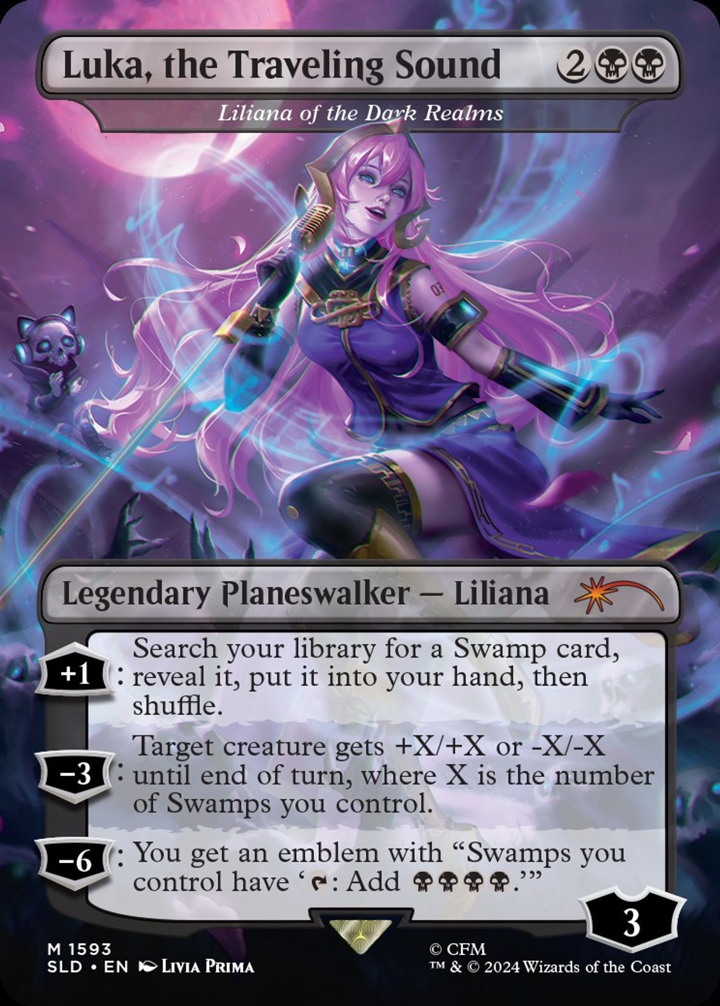 secret lair Luka

Liliana of the Dark Realms
{2}{B}{B}
Luka, the Traveling Sound
Legendary Planeswalker — Liliana

+1: Search your library for a Swamp card, reveal it, put it into your hand, then shuffle.

−3: Target creature gets +X/+X or -X/-X until end of turn, where X is the number of Swamps you control.

−6: You get an emblem with “Swamps you control have ‘{T}: Add {B}{B}{B}{B}.’”

Loyalty: 3
Illustrated by Livia Prima