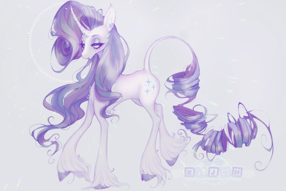 The image shows Rarity, a Bedazzled pony with perfectly curled purple mane and a pearl colored coat with purple hooves. Shes shown with magical lights dancing about her