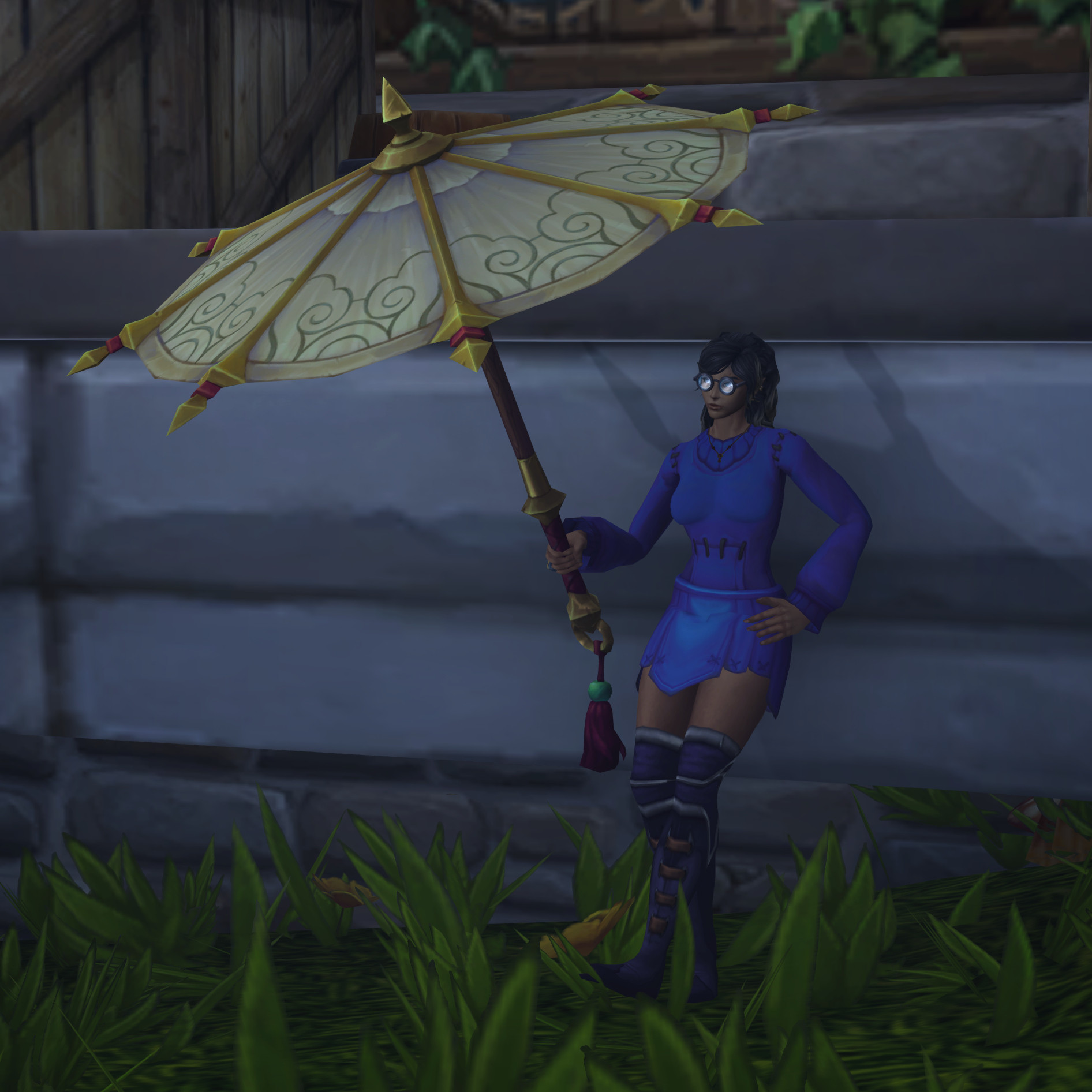 an elven figure dressed in blue leaning against a wall and holding up a golden parasol