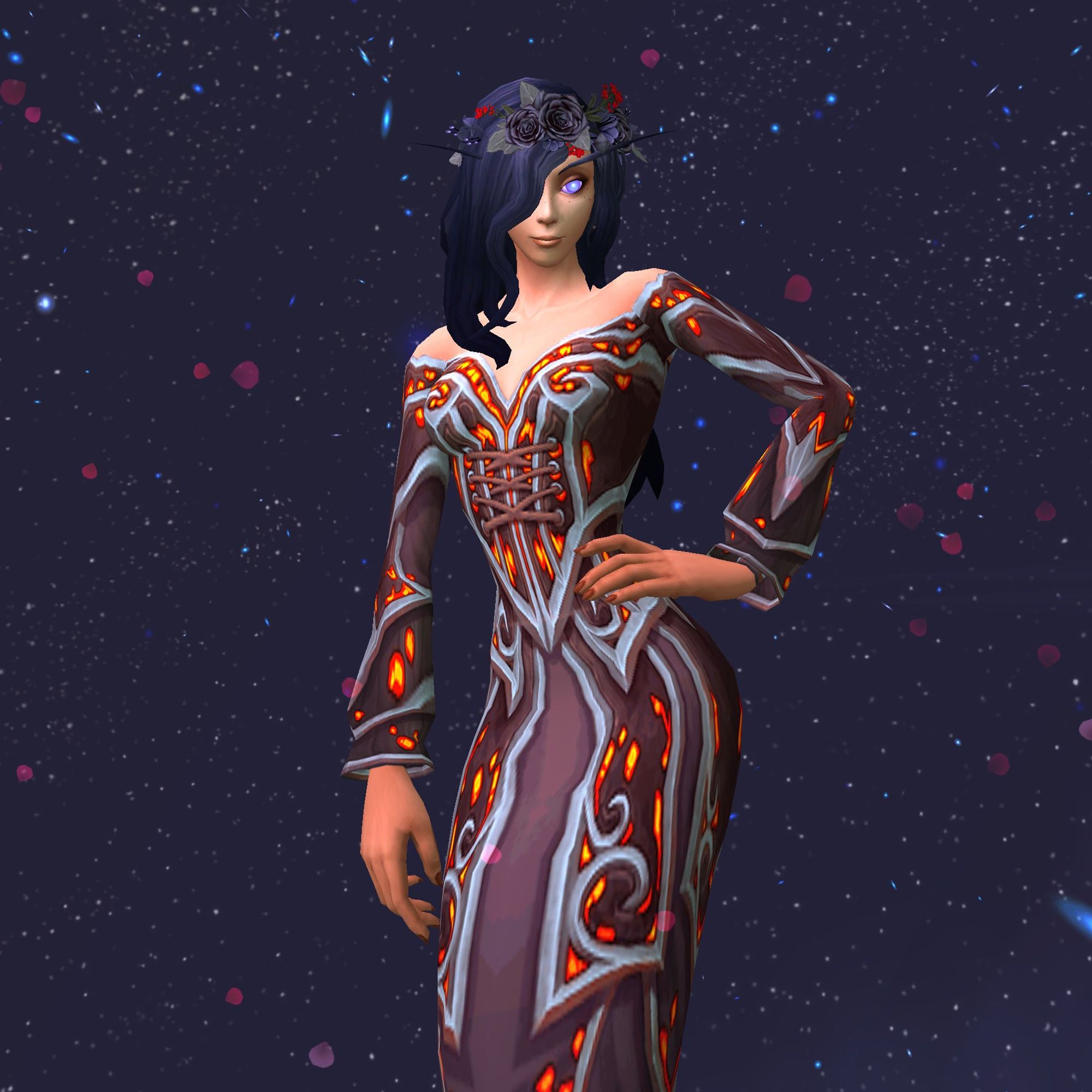 image screenshot of a void elf with long black hair in a fiery red and black dress. her hand is on her hip with a starry background and rosepetals placed around