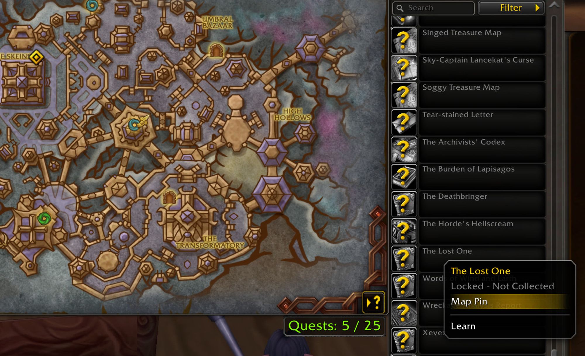 On the right is a list of books displaying a tooltip menu with the options "Locked - Not Collected" and "Map Pin", then a selection separated as "Learn". A map on the left is displayed with a golden map pin in the upper left