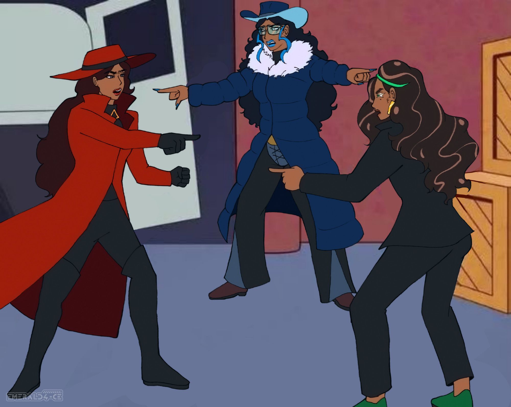 Redraw of the 3 spidermen pointing at each other meme with Carmen Sandiego, Alan Chattanooga, and Jjajang Cookie.