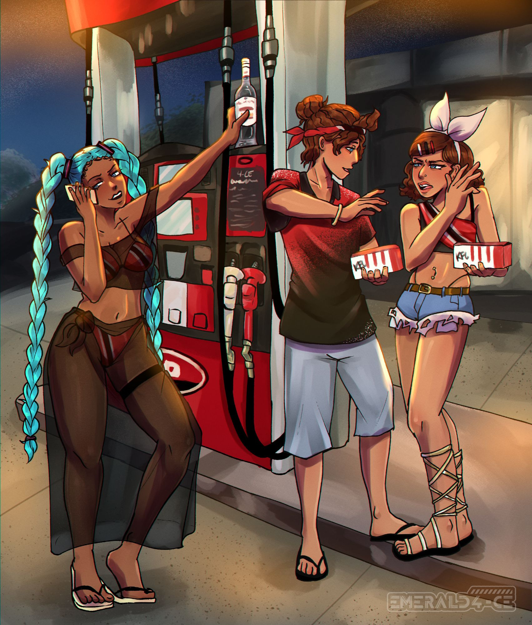 Illustration of a modern trinidadian interpretation of Hatsune Miku, Rin & Len Kagamine at a gas station. Len is reaching for Len's KFC box while Rin shoos him away. Miku is on the phone and leaning on the gas pump holding a bottle of puncheon rum.

Miku is wearing a trinidad flag bikini with a sheer black top and skirt swimsuit cover and flipflops. Her pigtails are braided.

Len is wearing shorts, flipflops, and a cricket t-shirt. His hair is brown and wavy. Its tied in a bun and he's using a trinidadian flag as a bandana around his head.

Rin is wearing a cut-off short shorts, a black bralette that's covered halfway by a trinidadian flag, gold gladiator sandals and her iconic hair bow. Her hair clips are red, black, and white to mirror the trinidad flag.