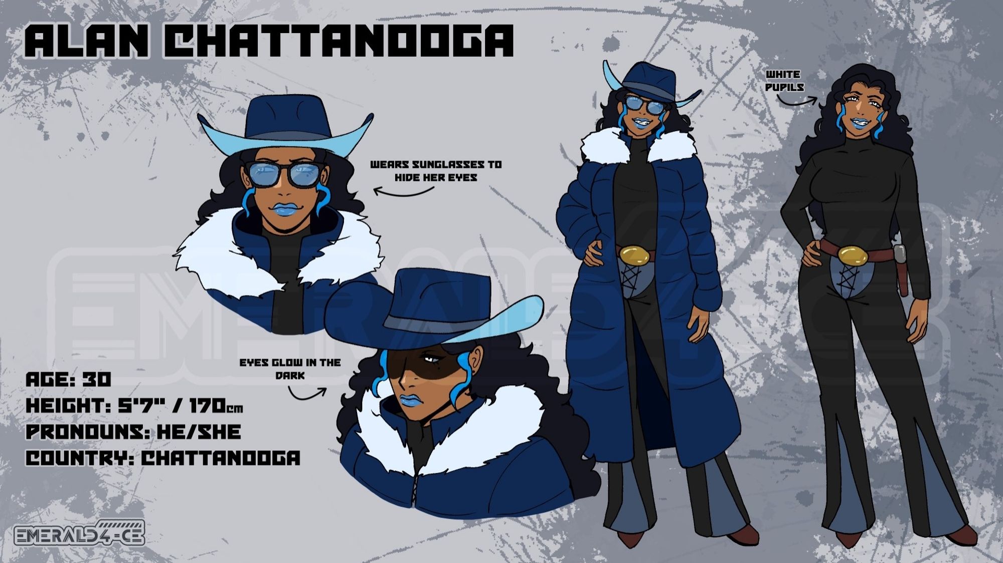 Age: 30
Height: 5'7" / 170cm
Pronouns: He/She
Country: Chattanooga

Wears sunglasses to hide her eyes. Eyes glow in the dark. White pupils (meant to say iris). 

Along with the text it shows 4 different images of a blue and black clad cowgirl.