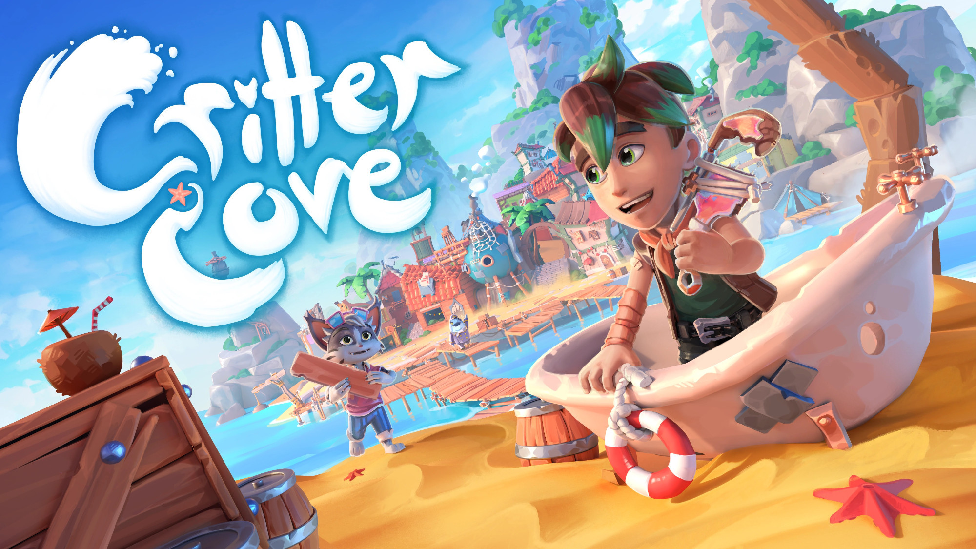 cover image for the game critter cove featuring a character with brown hair with green tips sitting in a bathtub on the beach. there's a grey and white cat character behind him carrying a plank, and further in the background there's a funky little town and piers. the vibe is very cartoony and colourful