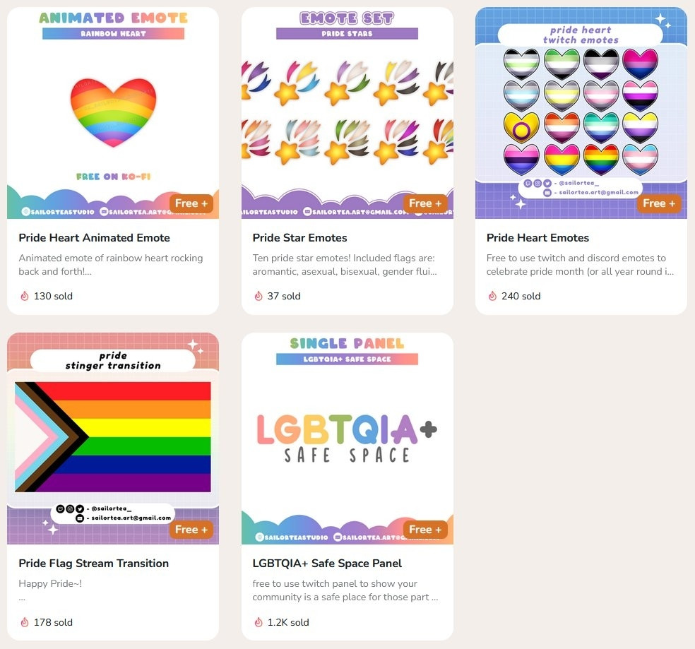 screenshot from my ko-fi showing five listings for free. each listing is pride themed, I clouded a pride flag stream transition, heart pride flag emotes, star pride flag emotes, and a "lgbtqia+ safe space" panel