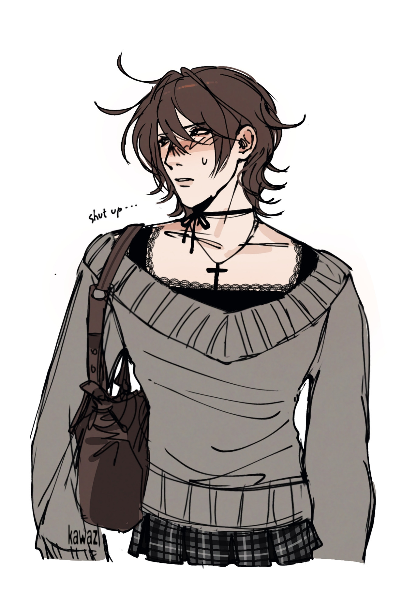 an embarrassed androgynous brown haired character in feminine y2k clothes