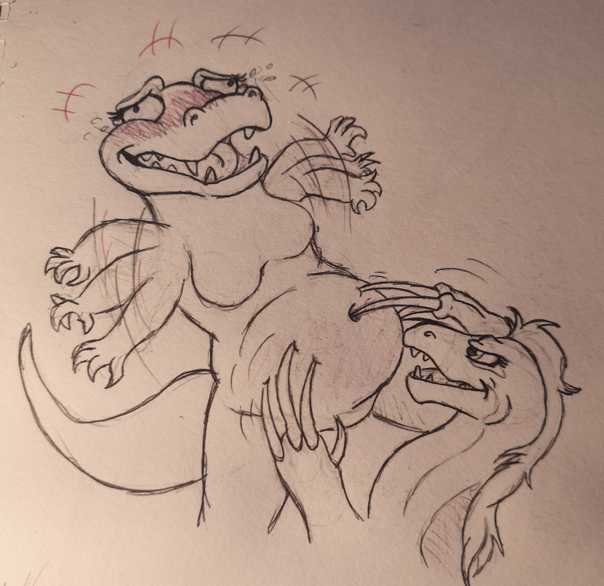 A biro lined drawing of a cartoon tyrannosaurus rex having her large belly tickled by the long claws of a therizinosaurus. Her tiny arms flail wildly as they are no help 