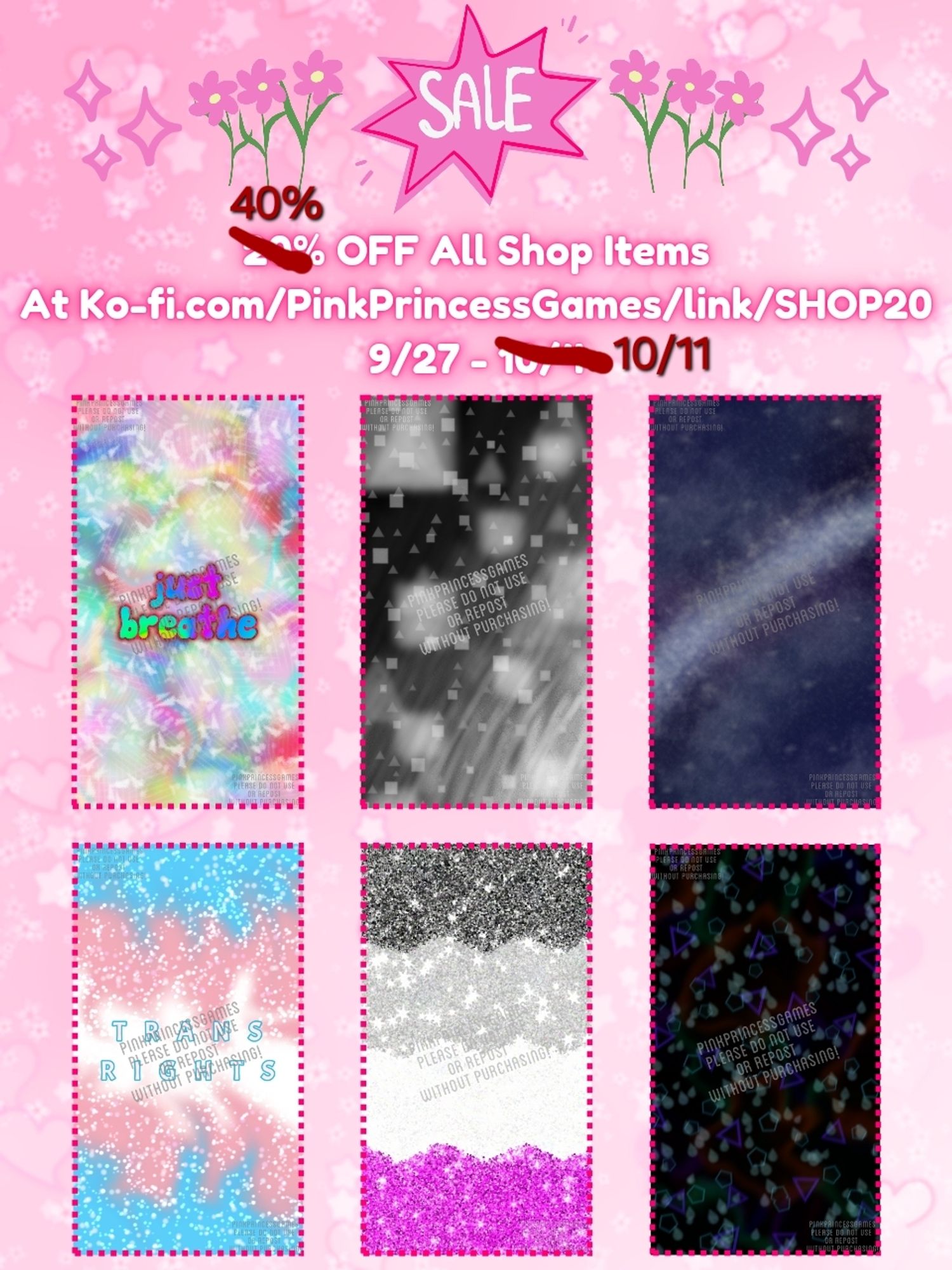 SALE

40% OFF All Shop Items At Ko-fi.com/PinkPrincessGames/link/SHOP20 
9/27 - 10/11