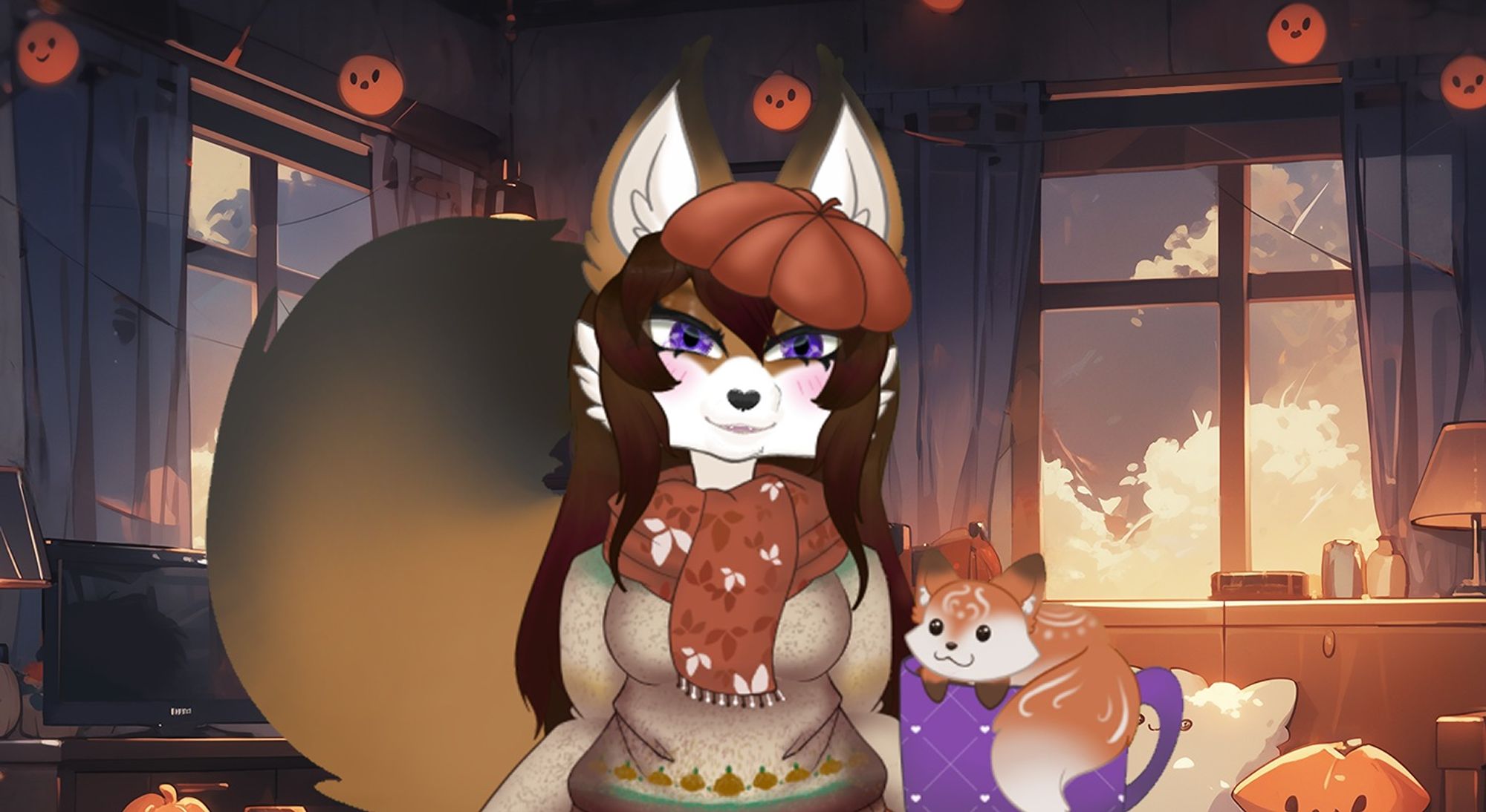 Pumpkin, an anthro red fox vtuber with orange and white fur and long red hair, a beige sweater with pumpkins on it, an orange scarf with white leaf pattern, and an orange pumpkin hat beret. They're smiling towards the camera with their orange and black tail flipping behind them. Next to them is Latte, an orange fox spirit in a purple mug that looks like coffee art. They're standing in a bedroom with pumpkins all over the room and open windows.