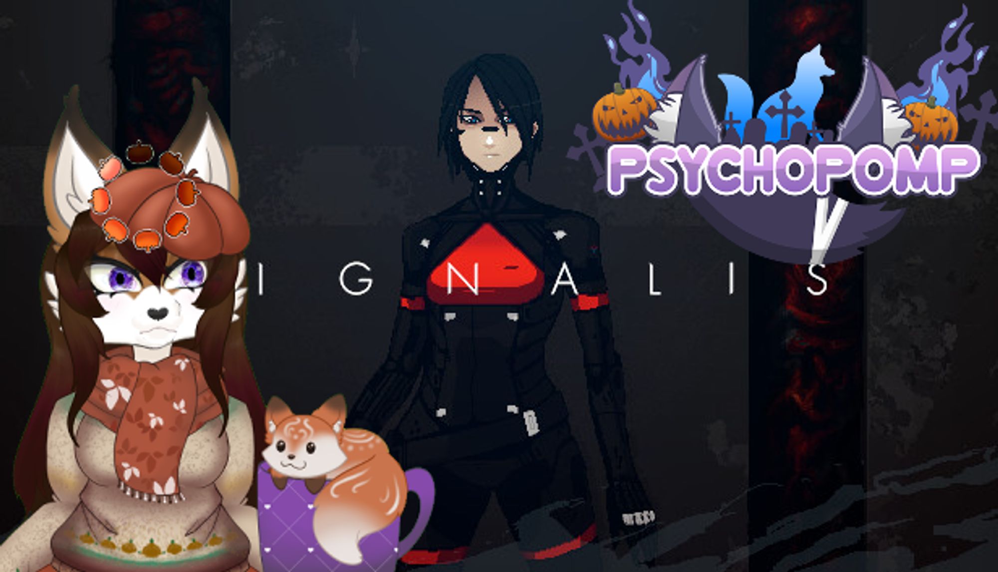 Pumpkin, an anthro fox vtuber, dressed in beige sweater, orange scarf, and pumpkin beret, looking confused with a loading wheel over their face. They are superimposed over the titlecard for Signalis, which shows the main protagonist within a techno dystopian dungeon.