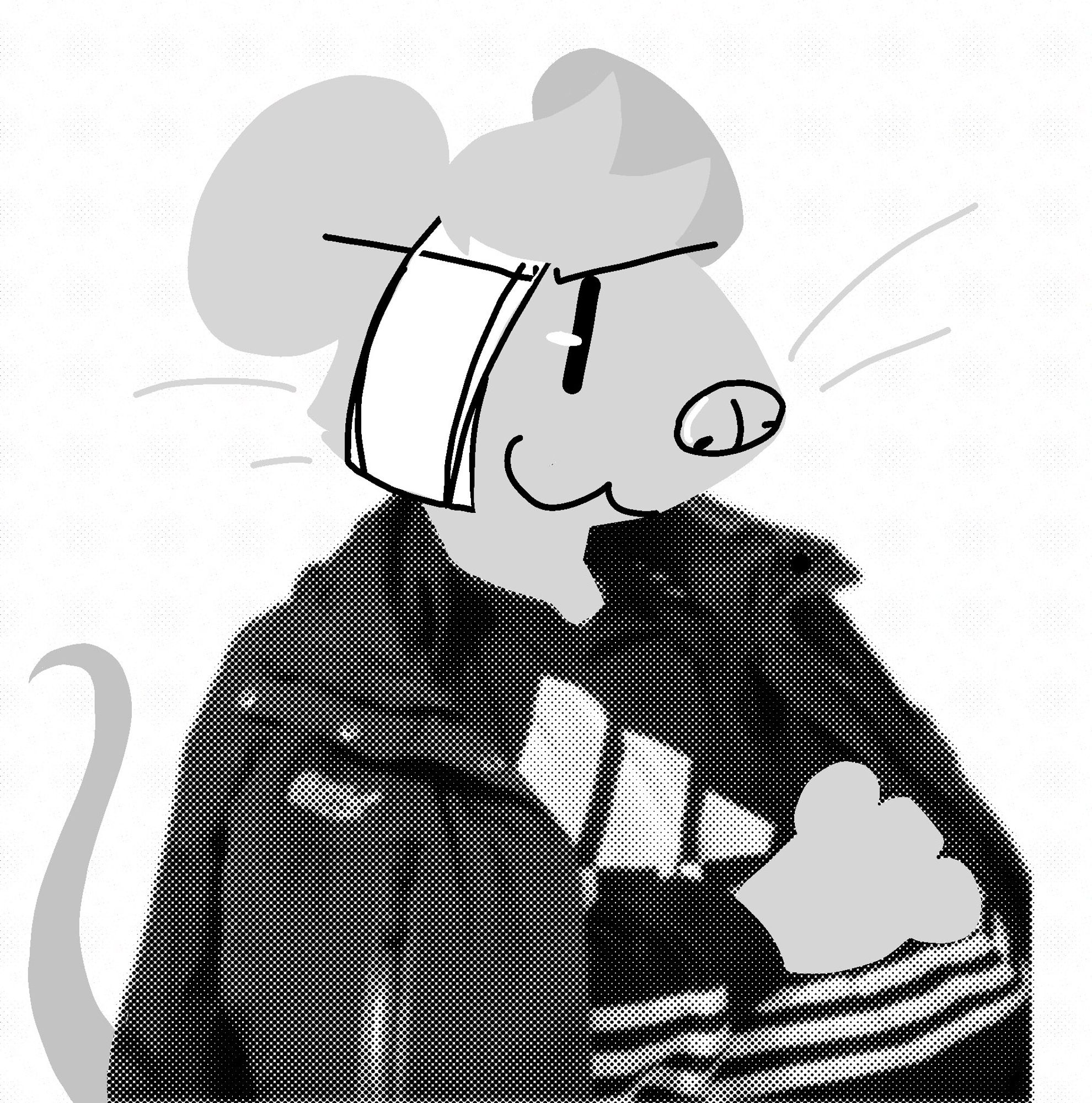 Its a draw over using a photo of myself with the jacket over my shoulders. My rodent fursona has a bandaged eye and is looking at you with determination.