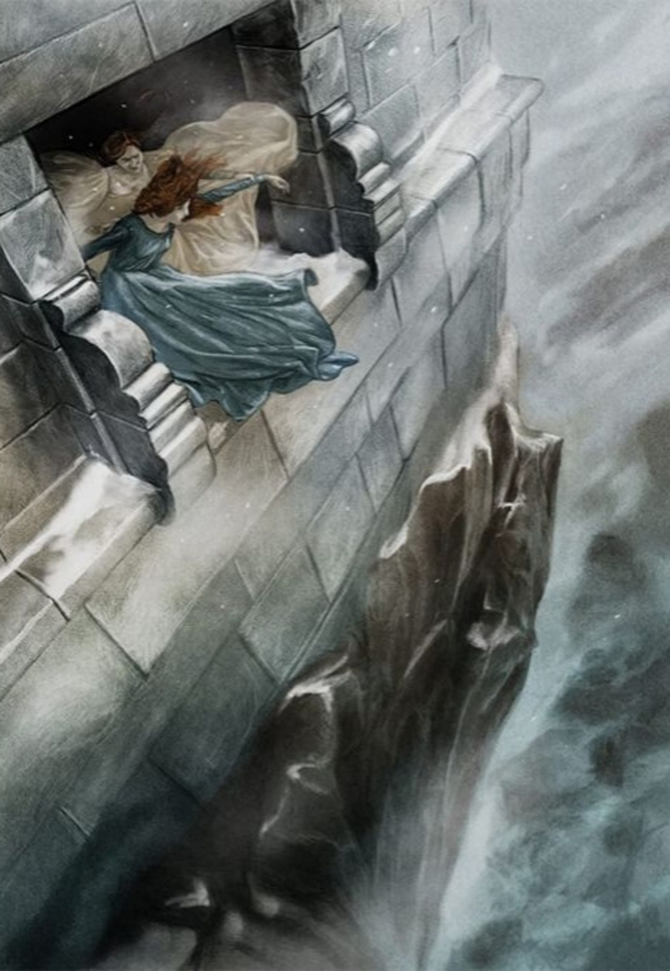 Lysa Arryn tentando jogar Sansa Stark pela Porta da Lua. Arte extraída de 'A Tormenta de Espadas' da Folio Society, por Jonathan Burton ©.