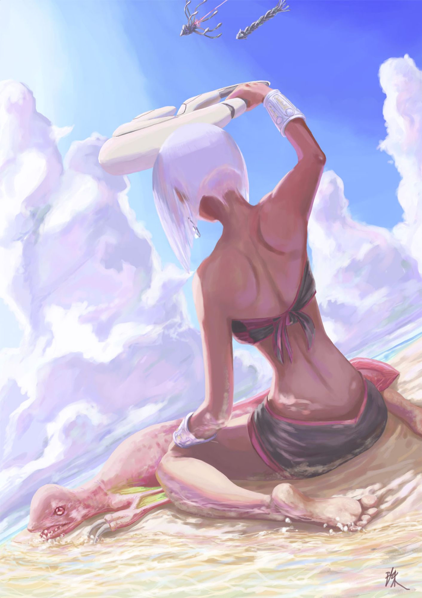 Orta at the beach with that baby dragon enjoying the warm sun.