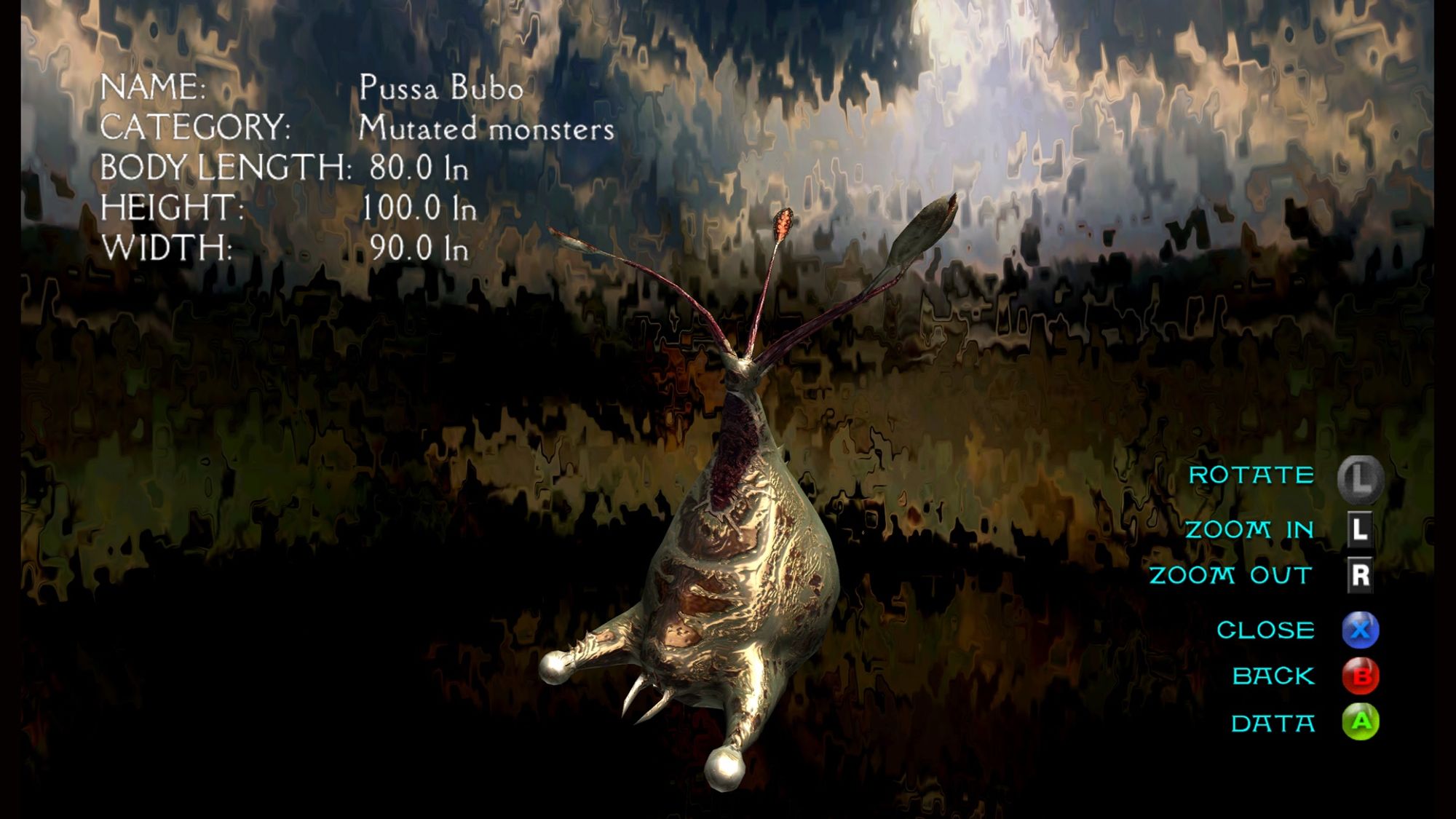 Pussa Bubo screenshot from the Mutated Monsters section in Panzer Dragoon Orta's in-game encyclopedia.