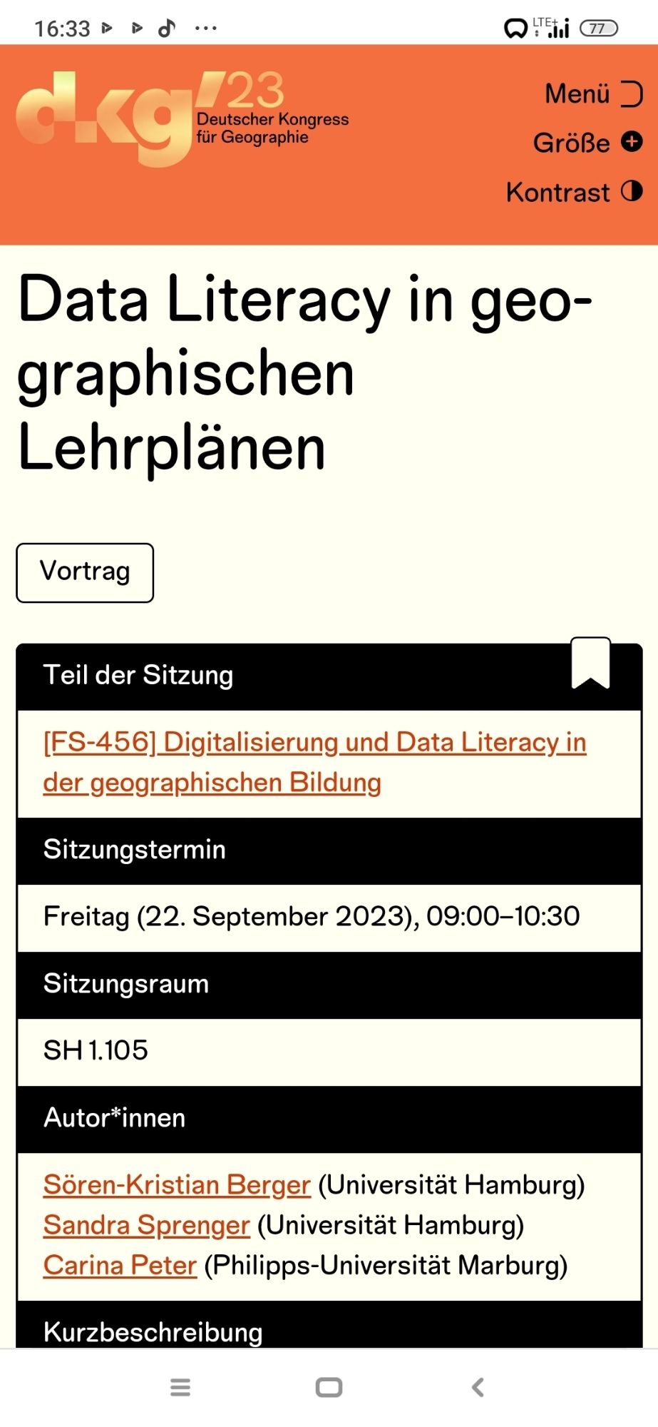 Screenshot aus dem Tagungsprogramm des Deutschen Kongresses für Geographie.