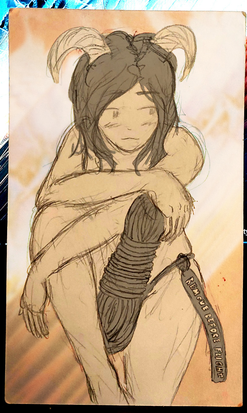 An androgynous hottie with horns sits in repose with a bundle of rope. They're almost naked, wearing only stringy underwear with a "REMOVE BEFORE FLIGHT" tag