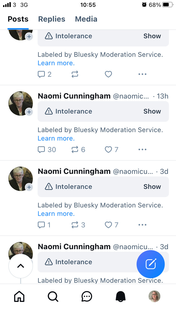 A sequence of Naomi Cunningham posts with intolerance labels applied by Bluesky Moderation