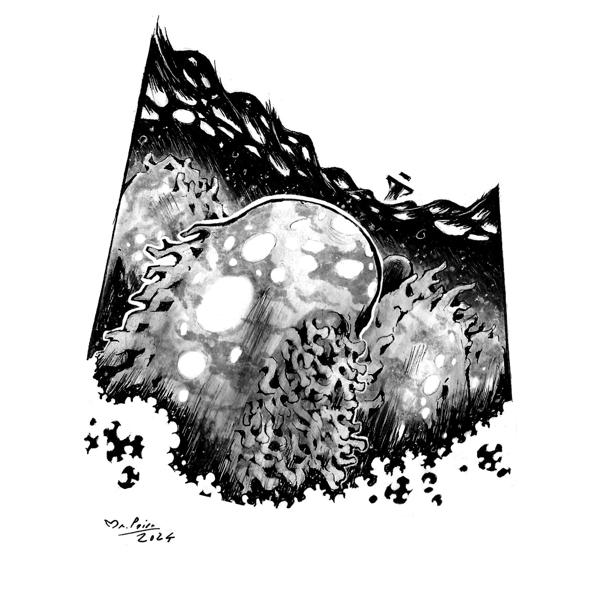 Naram, a gigantic sea spirit akin to a sort of sea cucumber, is depicted in this black and white ink drawing bellow dark waves, with sea foam and bubbles building up under his many tendrils. His long, coiled body is tapered, with glowing lights on his featureless head, and a small tower can be seen on the horizon, on top of the waves.