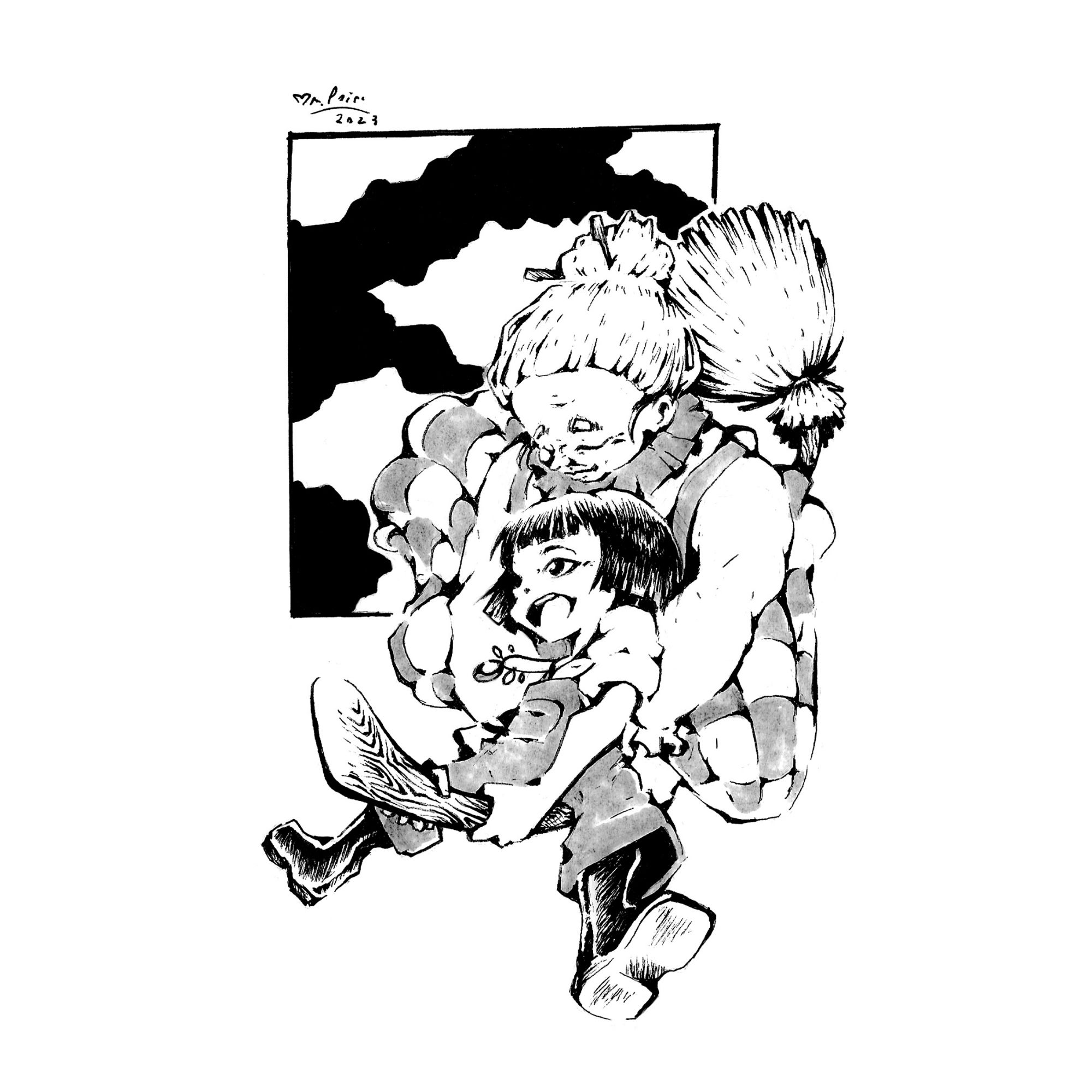 An ink fanart of the Dungeons & Dragons podcast : "The Wizard, the Witch and the Wild One". Ame, a young asian girl with a bowl cut and overalls, is screaming with joy as she flies on a broom with her caretaker : the witch known as Grandmother Wren. A kind looking, plumb woman with a bun and a quilted dress.