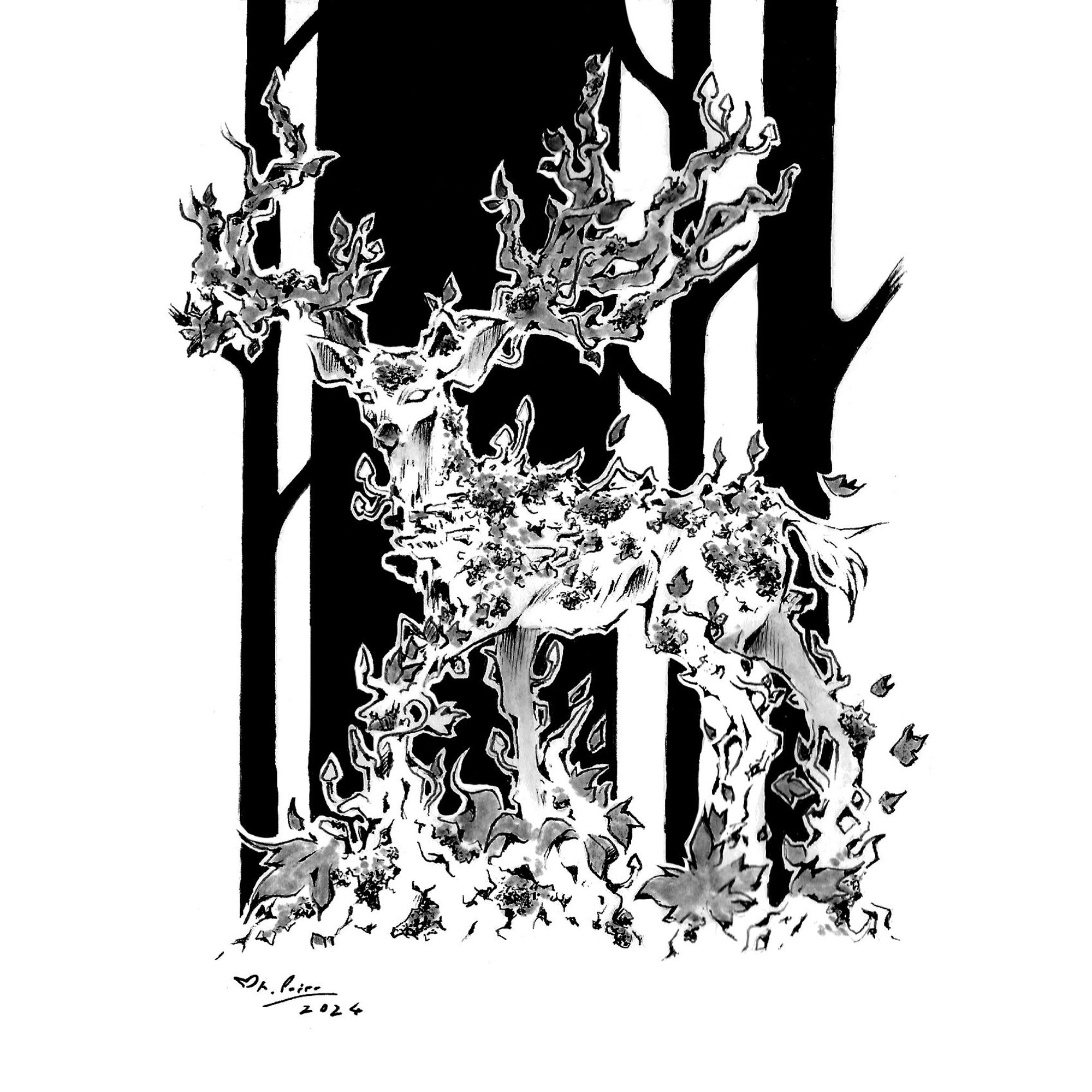 A black and white ink drawing of a deer-like figure, highlighted by the dark shapes of trees in the background. It is covered in moss, vines and all kind of vegetations to the point of beng seemingly part-vegetal, its hoofs emerging from the earth.