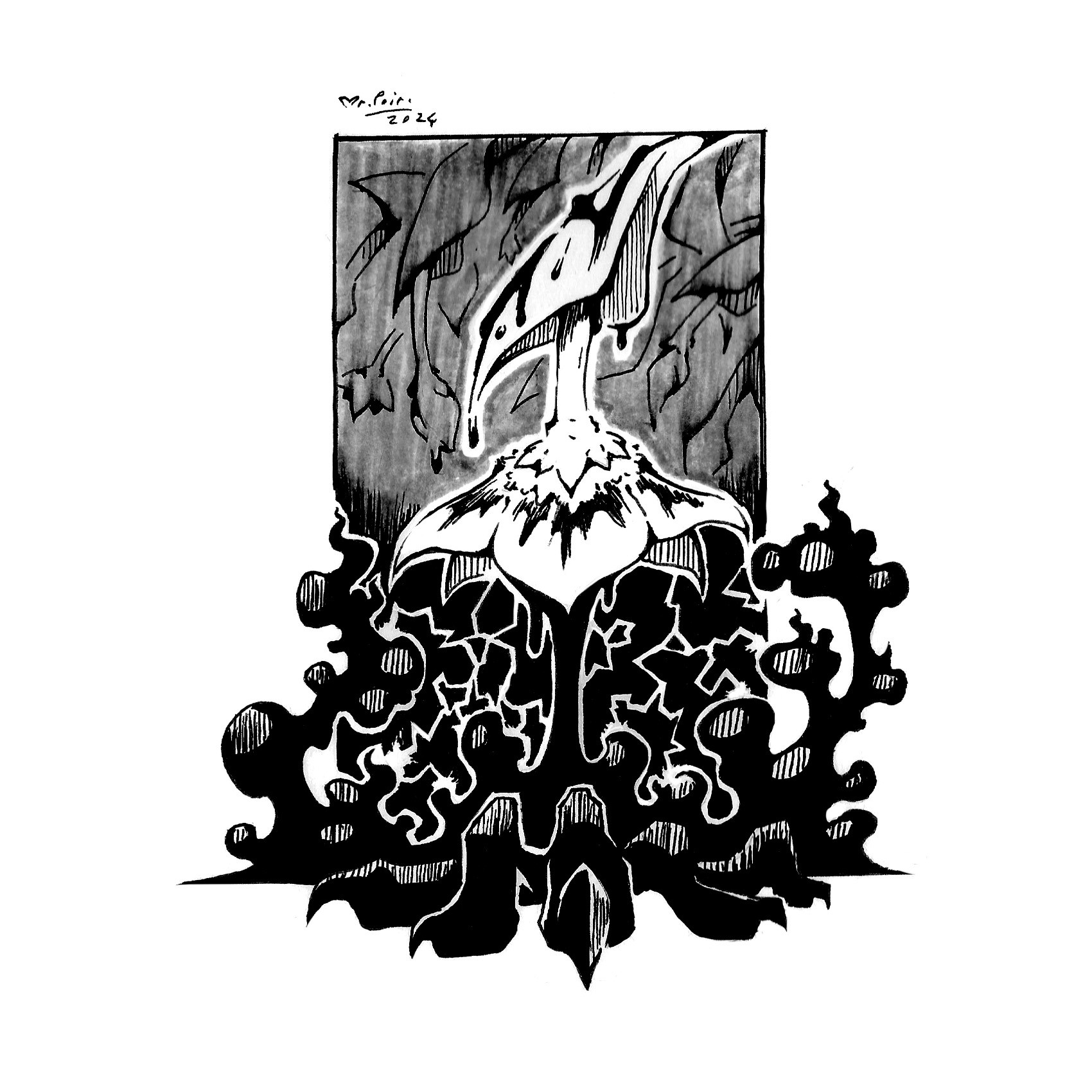 A black and white ink drawing of a flower, pointed down. A black liquid is pouring from its leaves and petals onto the ground, where it becomes a sort of dark smoke from which a clawed hand is seen emerging.