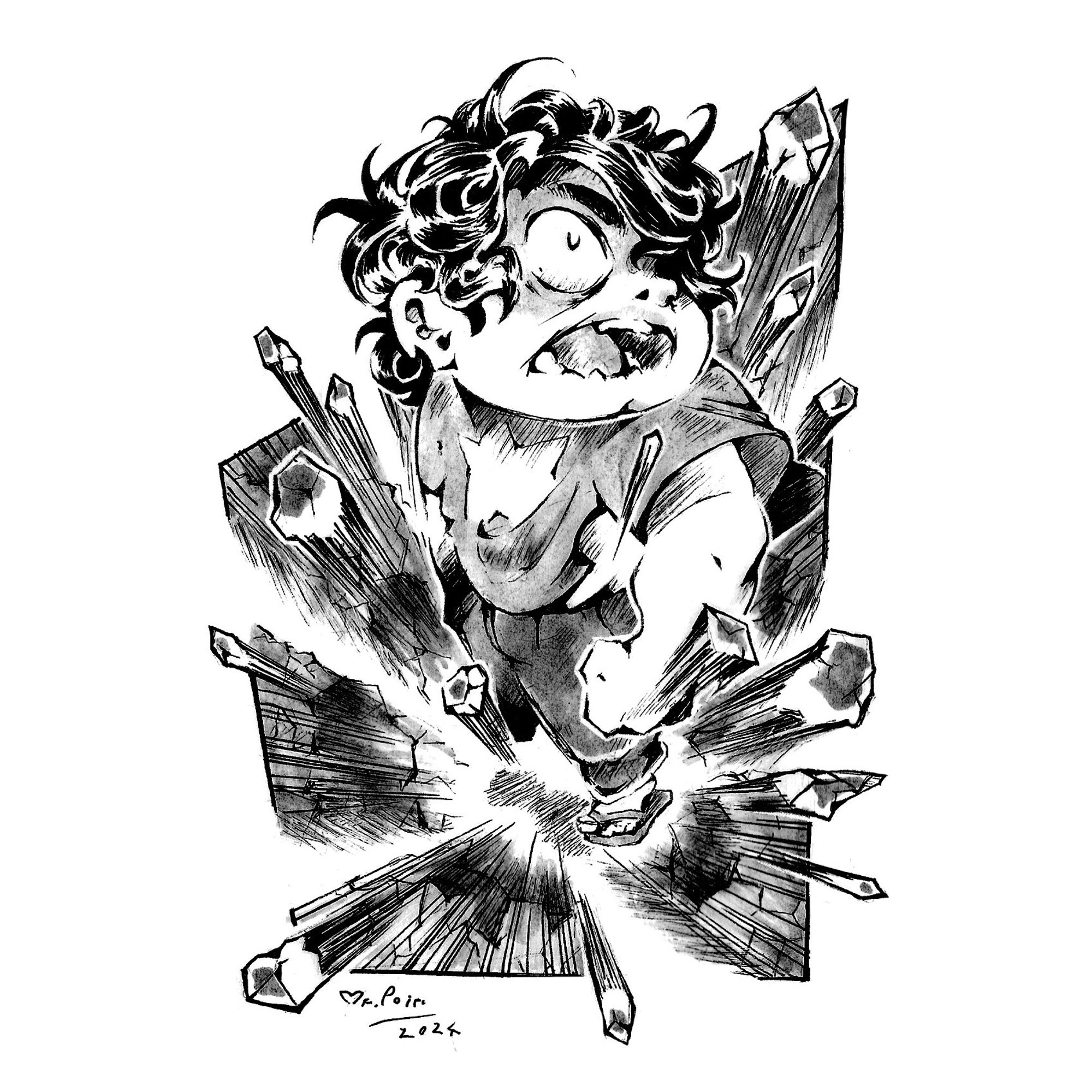 A black and white ink drawing of the titular character of the cartoon Steven Universe. A chubby, small boy with curly hair, flip-flps and a shirt with a star on it, Steven appears to be yelling angrily as he is half-way levitating on top of a rapidly forming crater, from the unleashing of his power. Rocks are flying all around him, spreading farther than the border of the shape he's drawn in.