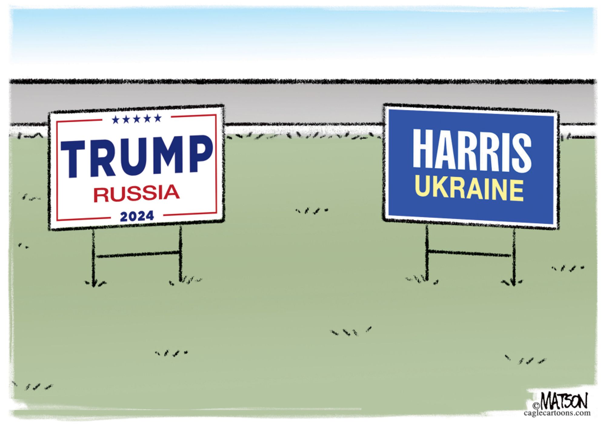 Political Cartoon: Two contrasting political yard signs are shown placed next to each other. The first says: "TRUMP RUSSIA 2024". The second says: "HARRIS UKRAINE".