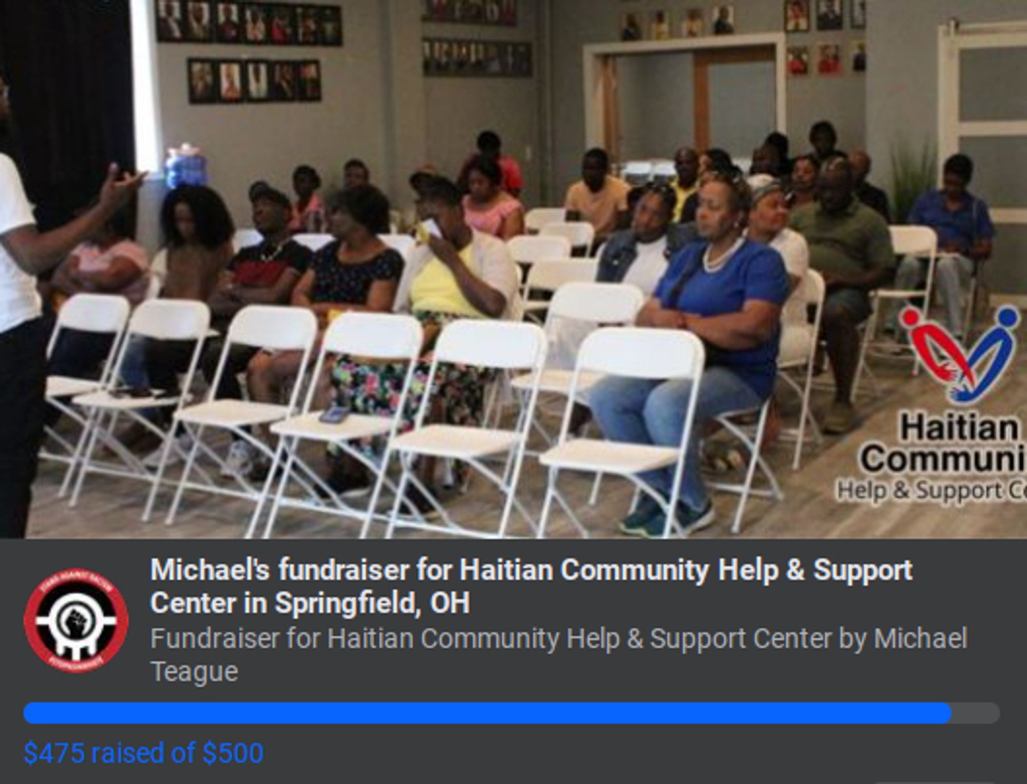 Screenshot of my Facebook fundraiser for the Haitian Community Help & Support Center in Springfield, OH. The donation tracker shows $475 in donations have been made towards the goal of $500.
https://www.facebook.com/donate/1059964839049521/