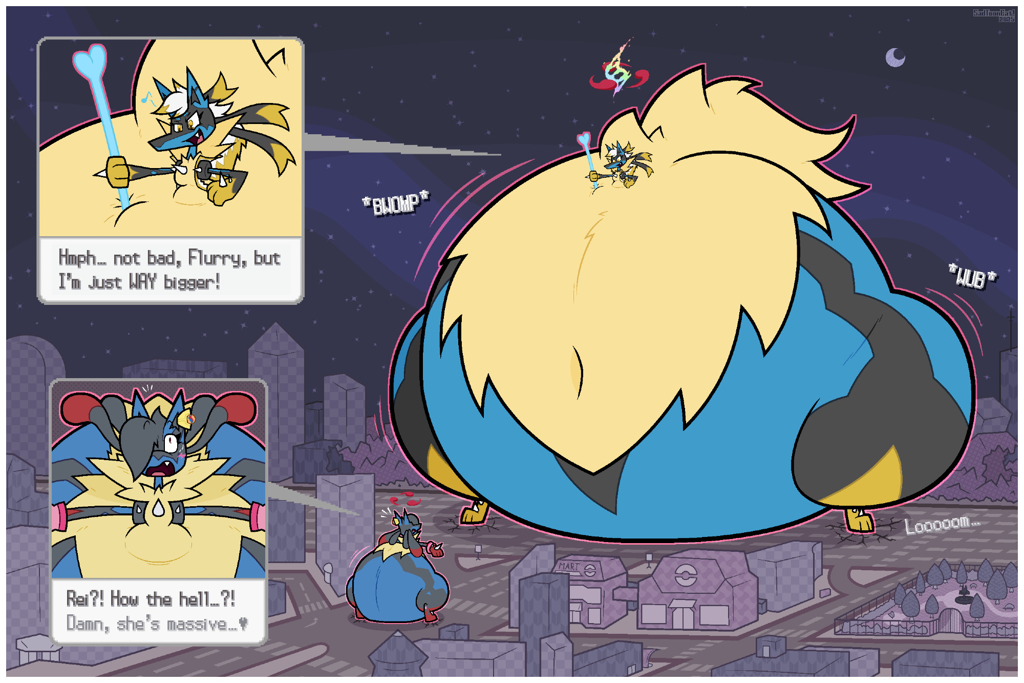 Rei the Lucario (by Dragovian15) looming over Flurry the Lucario (by me) as well as a good chunk of buildings in a city! Both are under a combination of Mega Evolution + Dynamax and have monobutt/pear-shaped bodies, yet Rei is simply just much, much bigger than Flurry!

Rei, towering over Flurry with a smug expression, says to her, "Hmph... not bad, Flurry, but I'm just WAY bigger!"
Flurry, looking up at Rei with a shocked expression, exclaims, "Rei?! How the hell...?!" *whispering:* "Damn, she's massive... <3"
