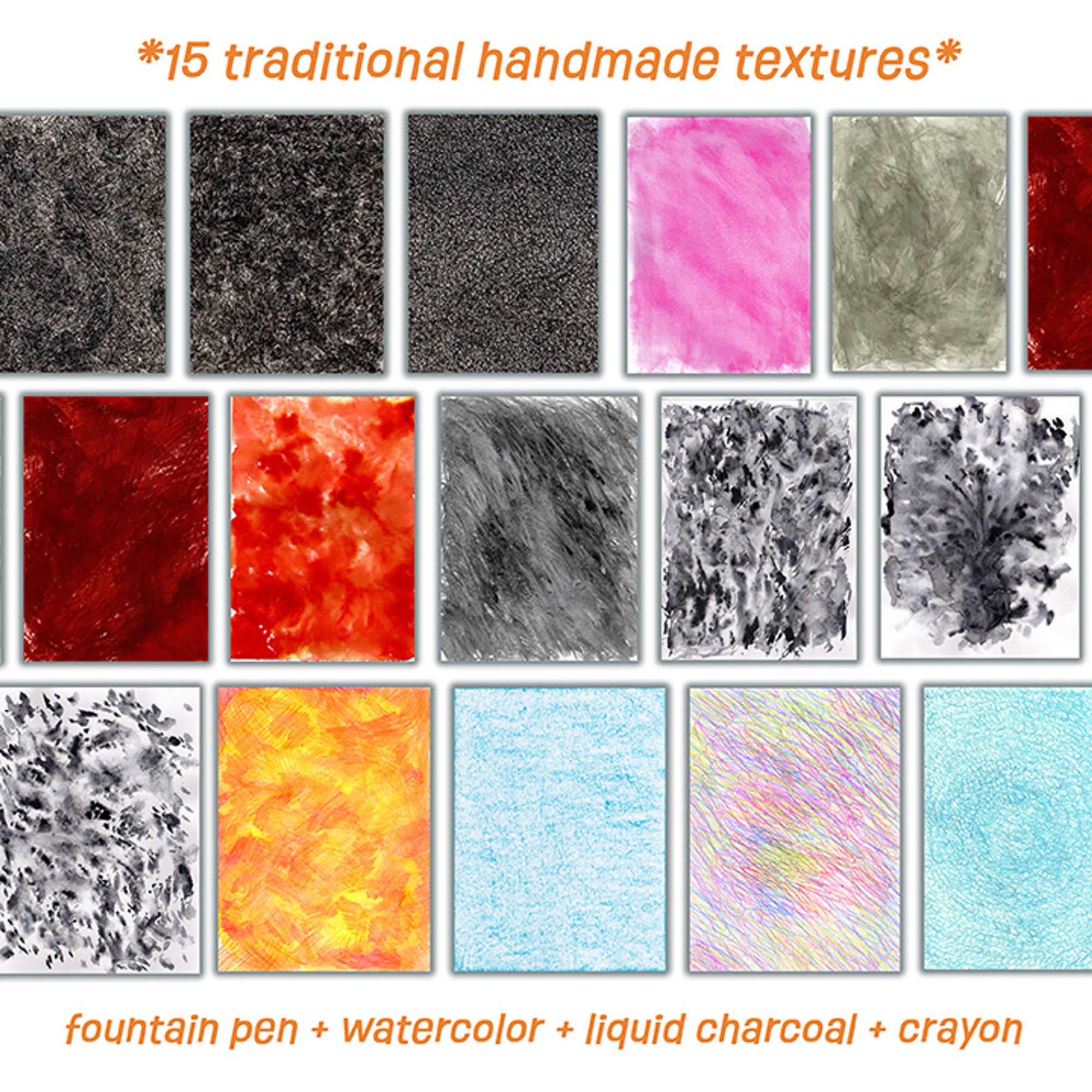 An assortment of 15 traditional art textures in various media from crayon and liquid charcoal to watercolor and fountain pen.