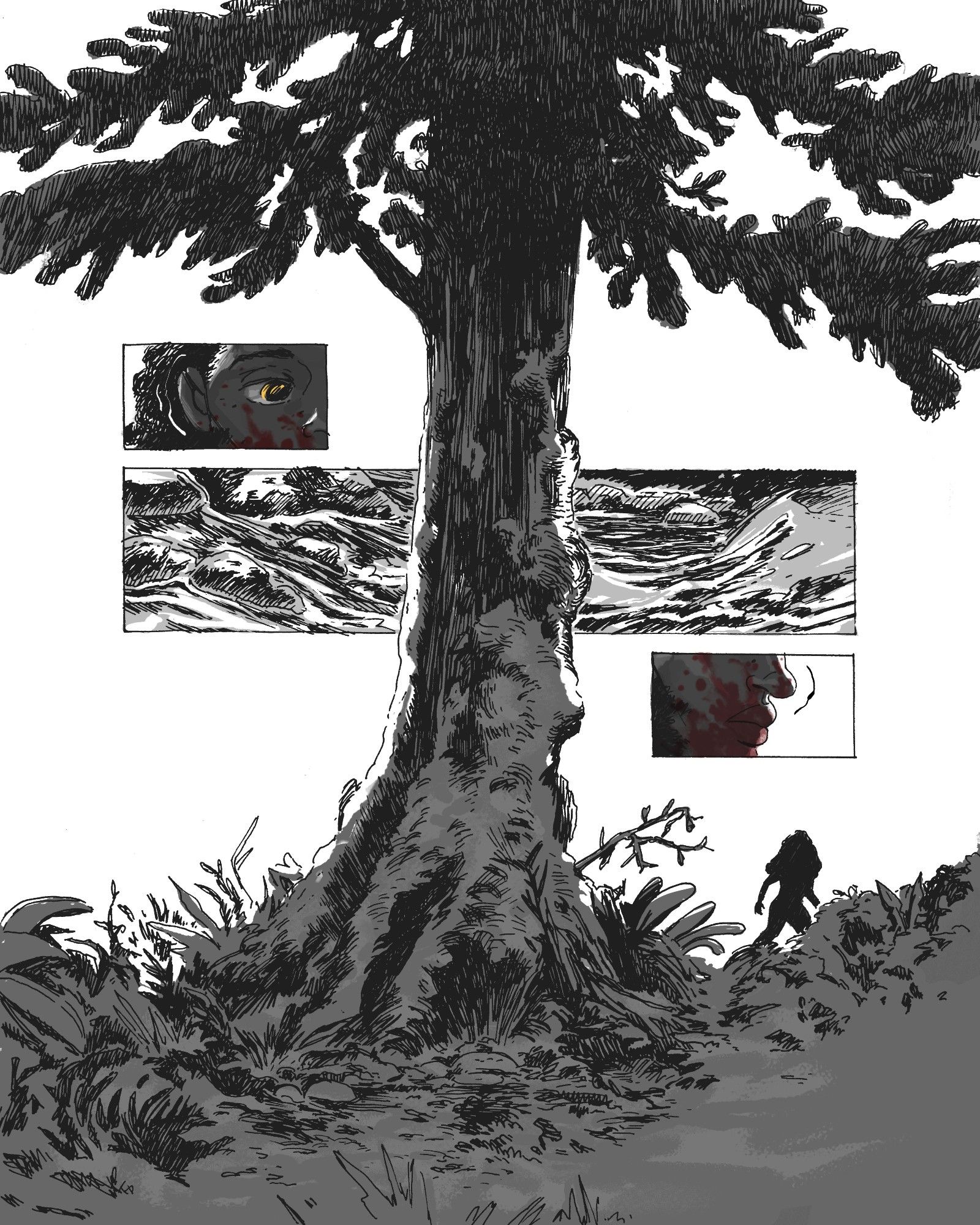 A black and white comics page rendered in fountain pen and Photoshop. 

The silhouette of a woman moves through a deeply forested area. A large tree bisects the page, splitting a panel that depicts water rushing in a stream. We see that the woman's face is covered in blood and there's a yellow glint in her eye. 
