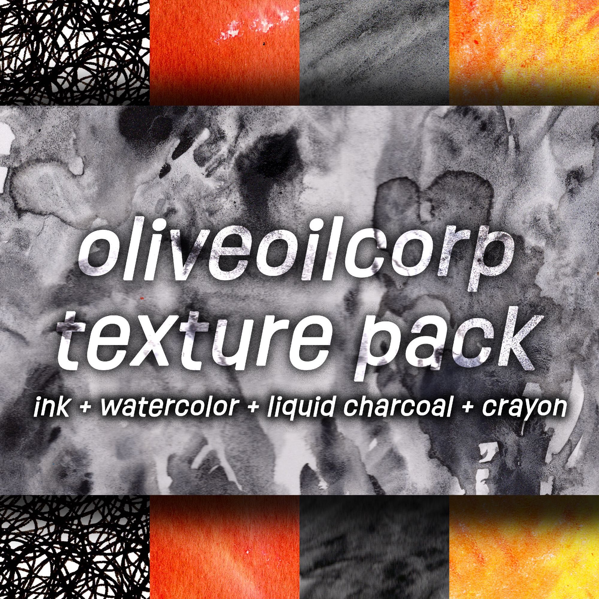 Texture pack cover titled "oliveoilcorp texture pack: ink + watercolor + liquid charcoal + crayon"