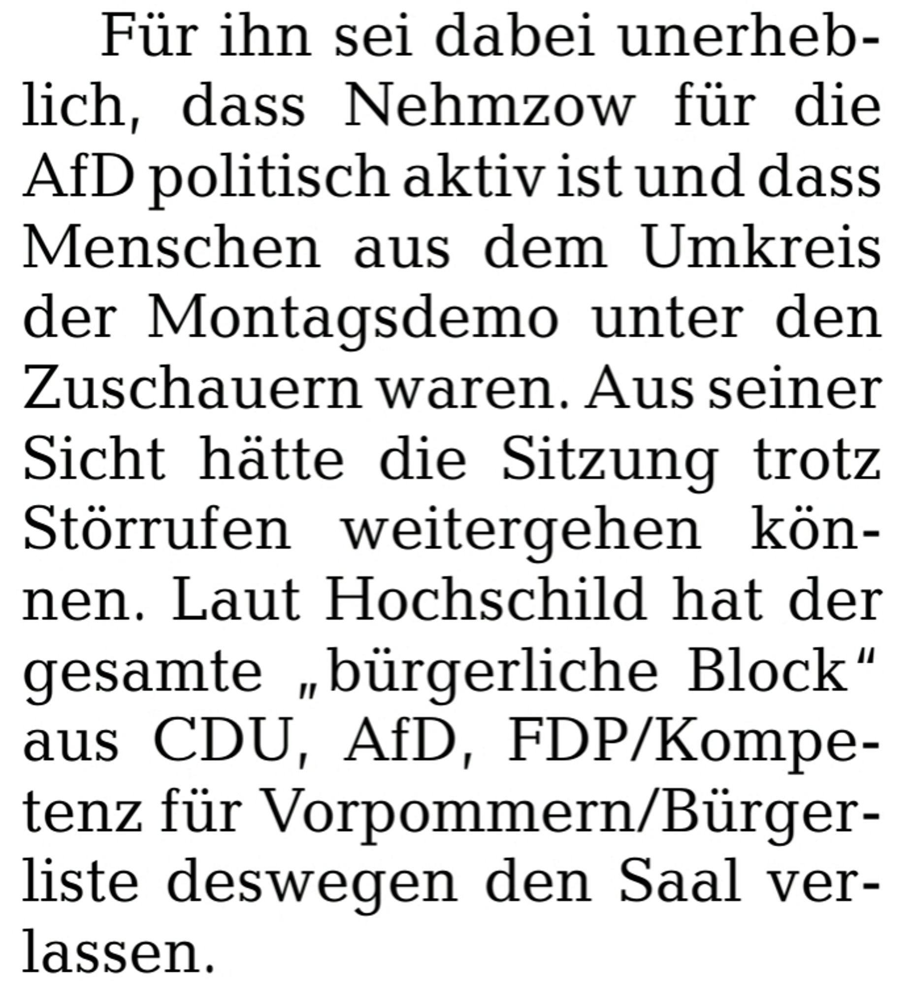 Textausschnitt aus der Ostsee-Zeitung vom 2.2.24. inhaltlich geht es darum, dass der CDU Fraktionsvorsitzenden der Greifswalder Bürgerschaft (Gemeindevertretung) ein protesthartes gemeinsames Verlassen der Sitzung mit der AfD als "bürgerlichen Block" bezeichnet.