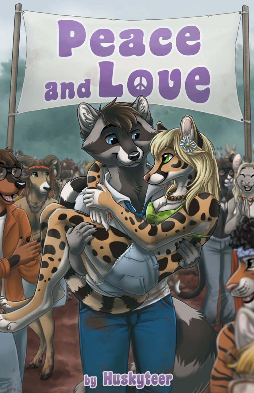 Cover of Peace and Love by Huskyteer. A raccoon carries a linsang in his arms. The crowd at a music festival watch as they look at each other lovingly.