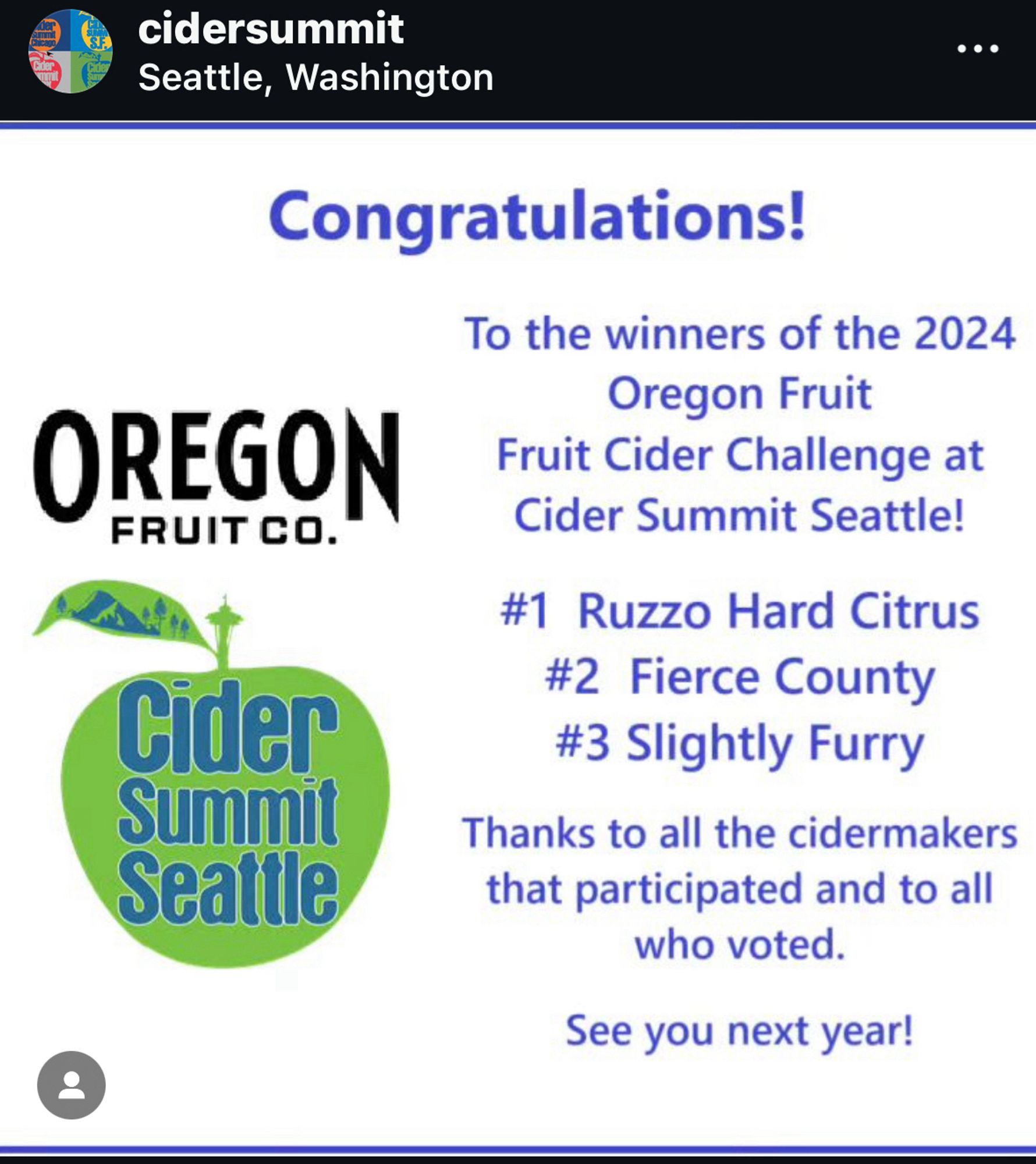 A congratulations post screenshot from an instagram post from the Cider Summit Oregon Fruit Challenge winners. Number 3 is Slightly Furry.