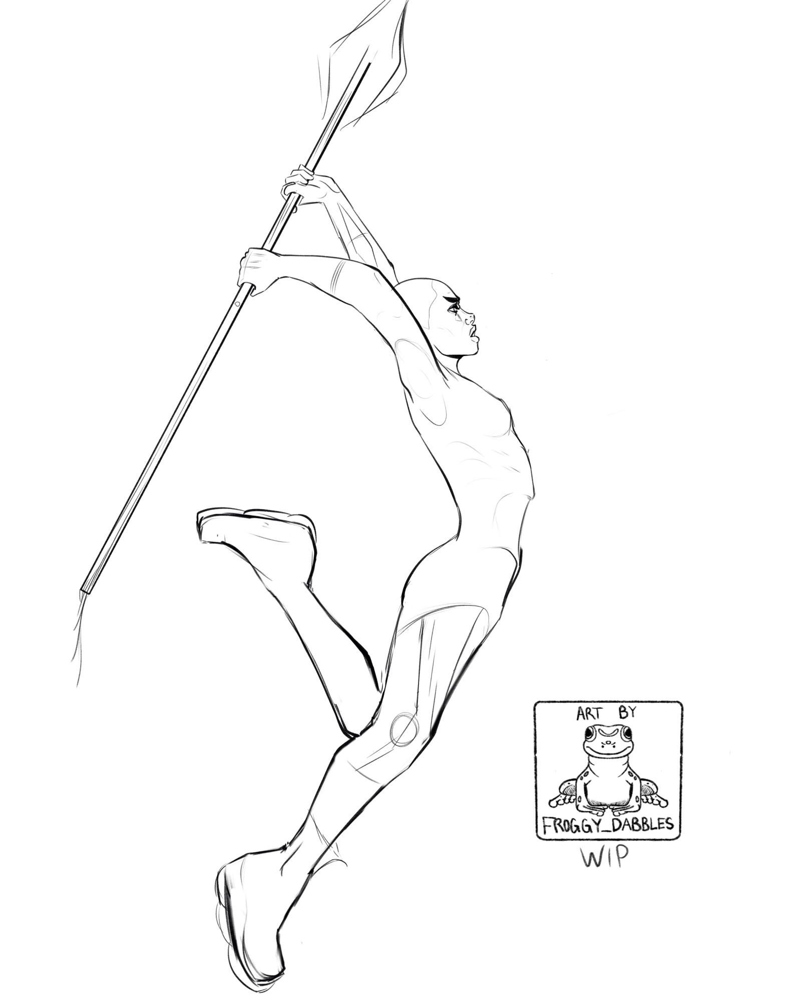 Sketch of a soldier in motion, leaping and prepared to strike with a spear