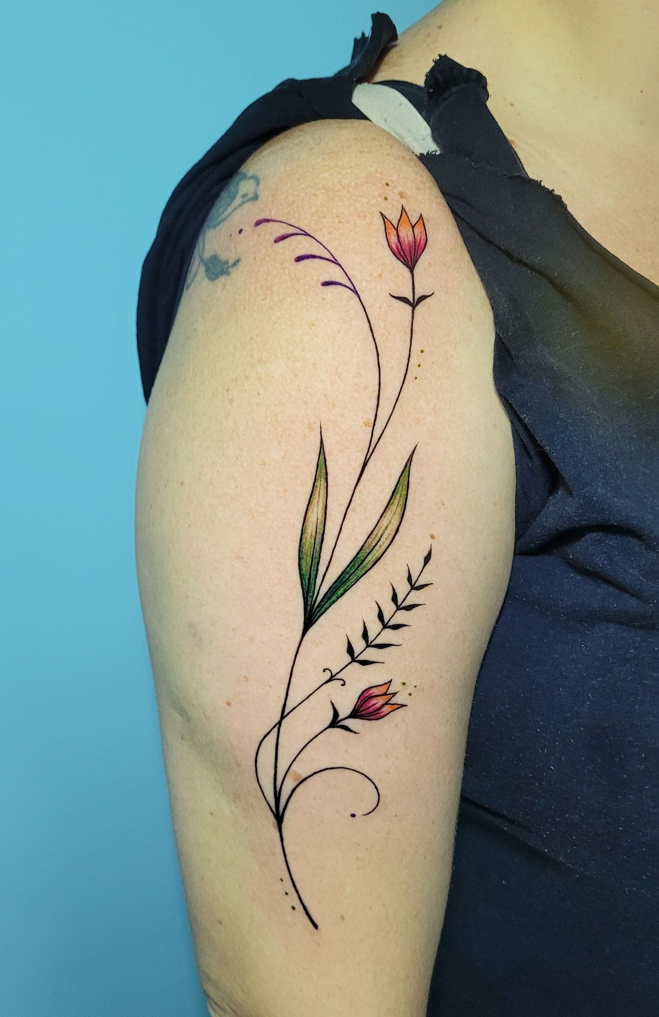 Foto colorida. Tatuagem floral feita na parte frontal de um braço de pele clara. O desenho é minimalista e sinuoso. Inicia perto da dobra do cotovelo, com uma flor rosa e laranja e um raminho de folhas compostas finas e pretas. O caule sobe pelo braço com duas folhas verdes simples e se bifurca em curva no ombro: a haste da frente com mais uma flor laranja e rosa e a haste de trás em uma inflorescência roxa e comprida, como um raminho de capim