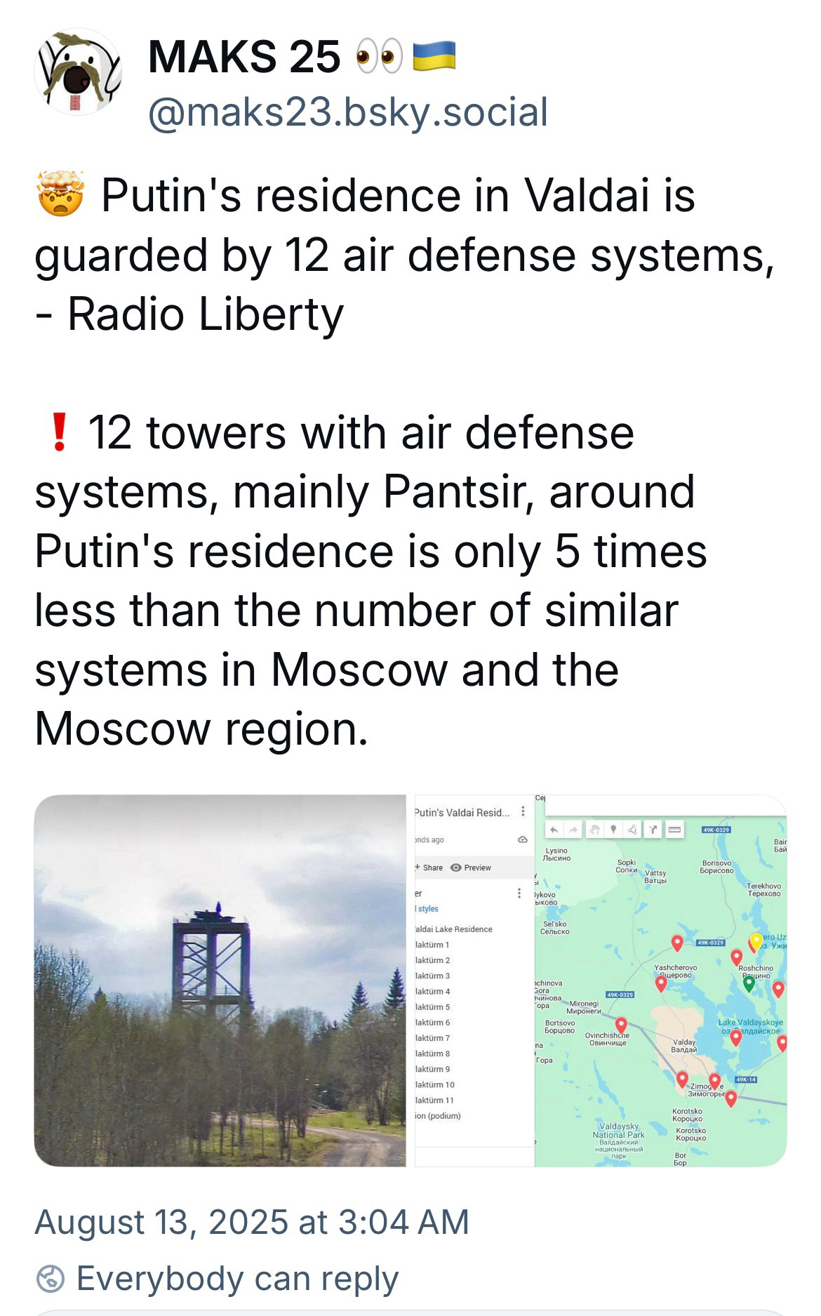 Screenshot with the map of the Russian presidents’s security at his fortress