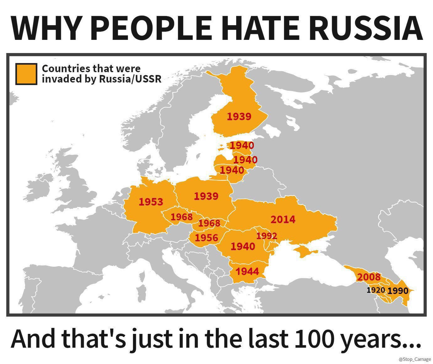 Why people hate Russia, a map of countries that were invited by Russia in the last 100 years