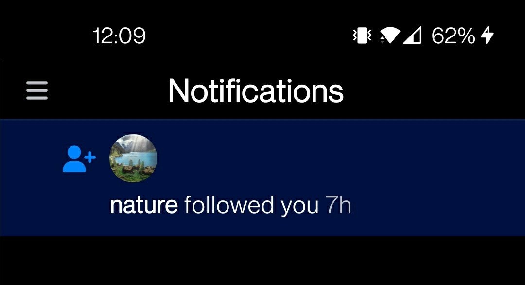 A screenshot of the notifications screen from Bluesky, showing that "nature" began following AwesomeFox 17 hours ago. There are no other notifications.