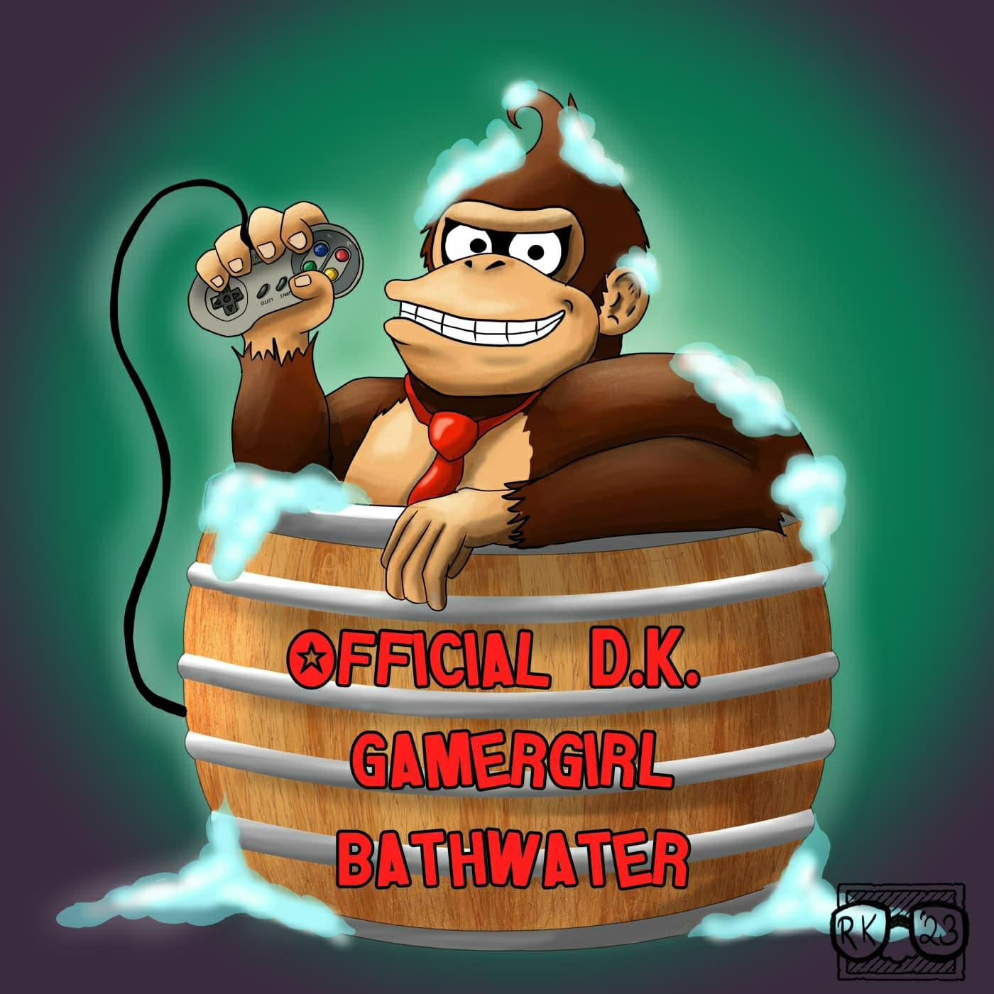 A digital painting of Donkey Kong in a barrel bathtub with bubbles, holding a SNES game controller, looking at the audience, with text over the barrel saying "official DK Gamer Girl bath water"