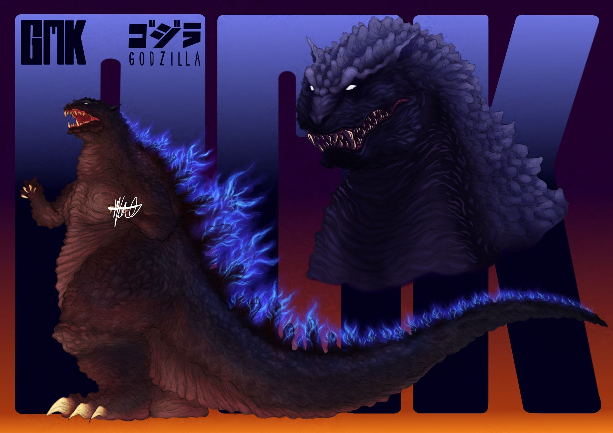 Redesign art of Godzilla from Godzilla, Mothra, and King Ghidorah: Giant Monsters All-Out Attack (GMK for short). Piercing white eyes, blue torches as dorsal fins, and with each layer of the background gradient's lighting matching one of the two renders.