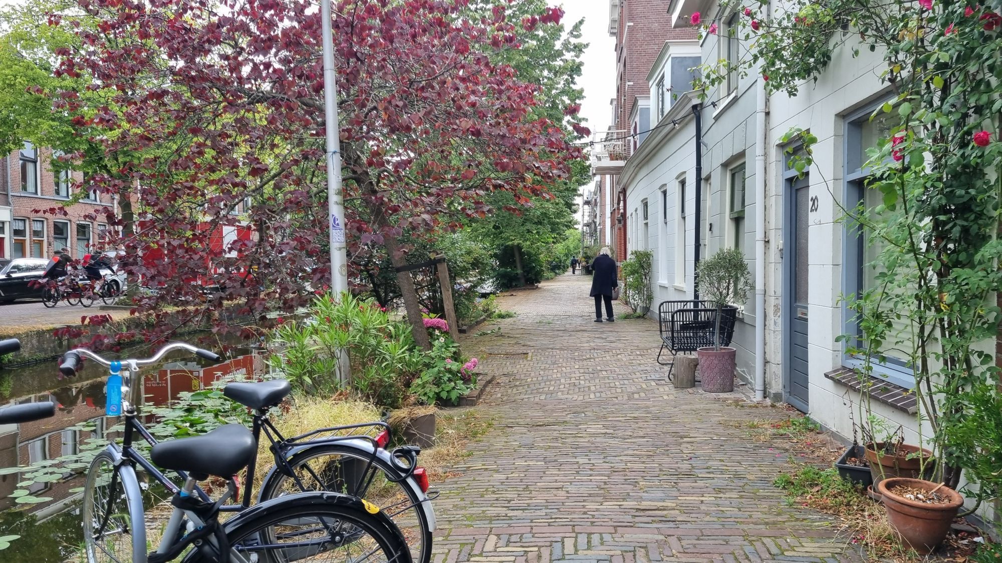 Picture of the Buitenwatersloot in Delft, a pedestrianised street on a canal just outside the historic city centre