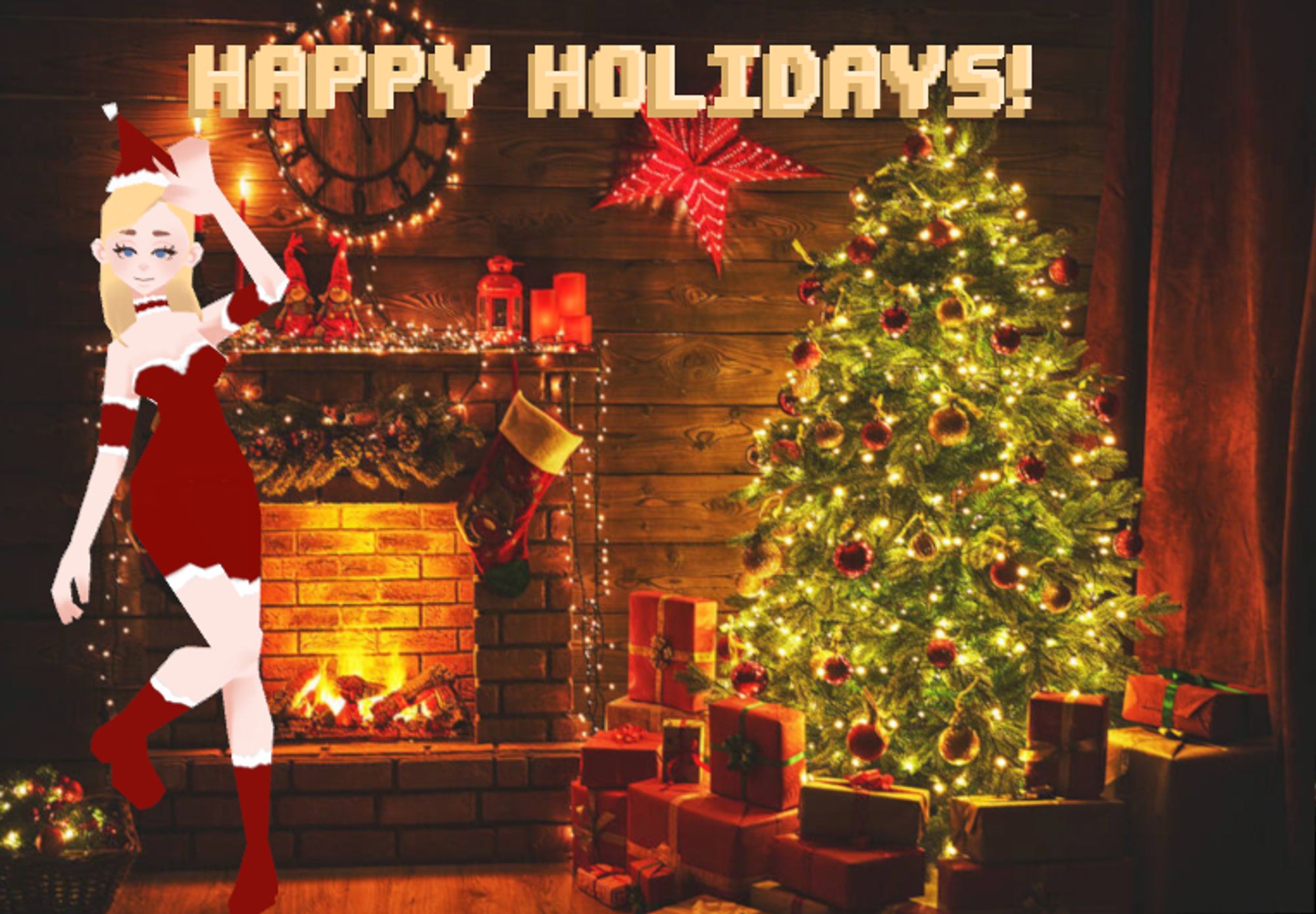 A low poly model posed in front of a fireplace with a Christmas tree in the background. The phrase "Happy Holidays!" is plastered at the top of the card.