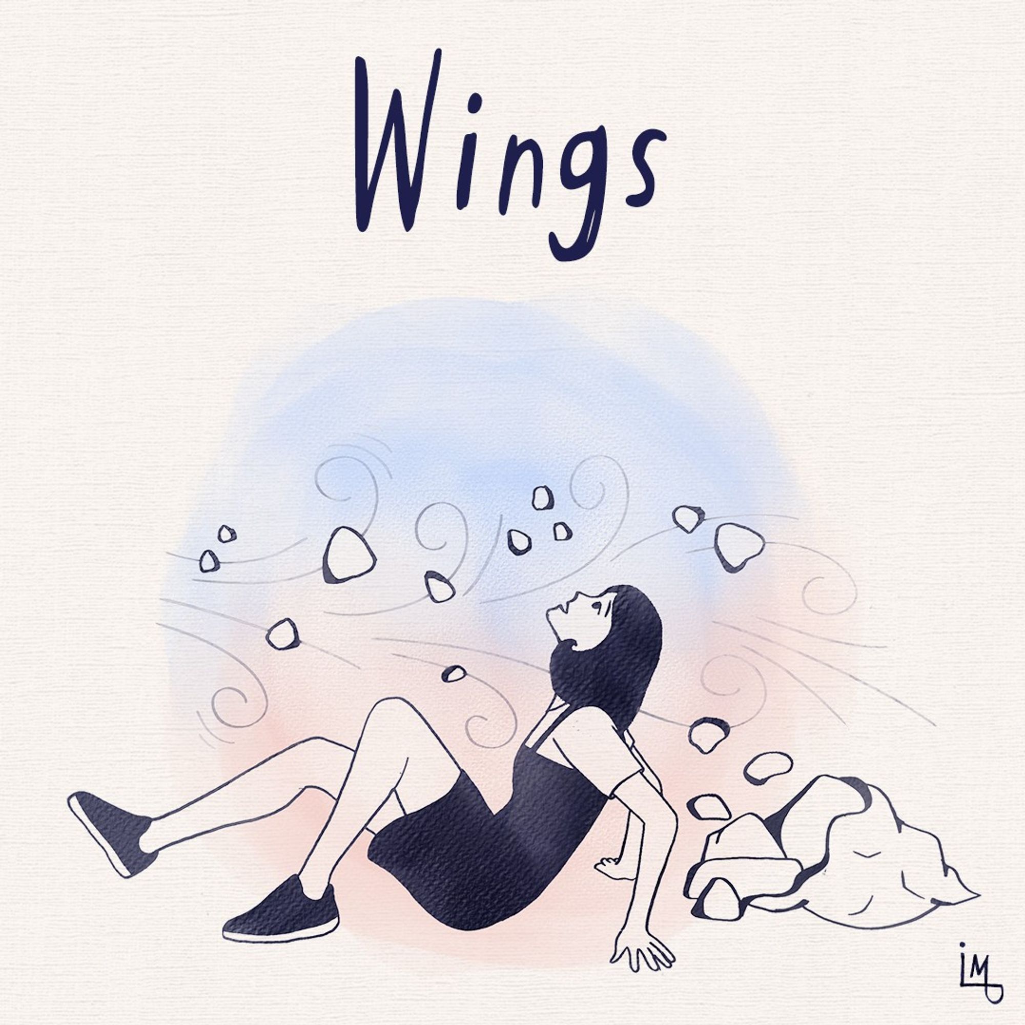 A cover for a illustration and writing project called "Wings". It's an ink drawing of a girl on a blue-pink watercolor background that fell on the ground because of a storm. Near her there is a bag full of big rocks and there are some smaller rocks still in the wind around her.