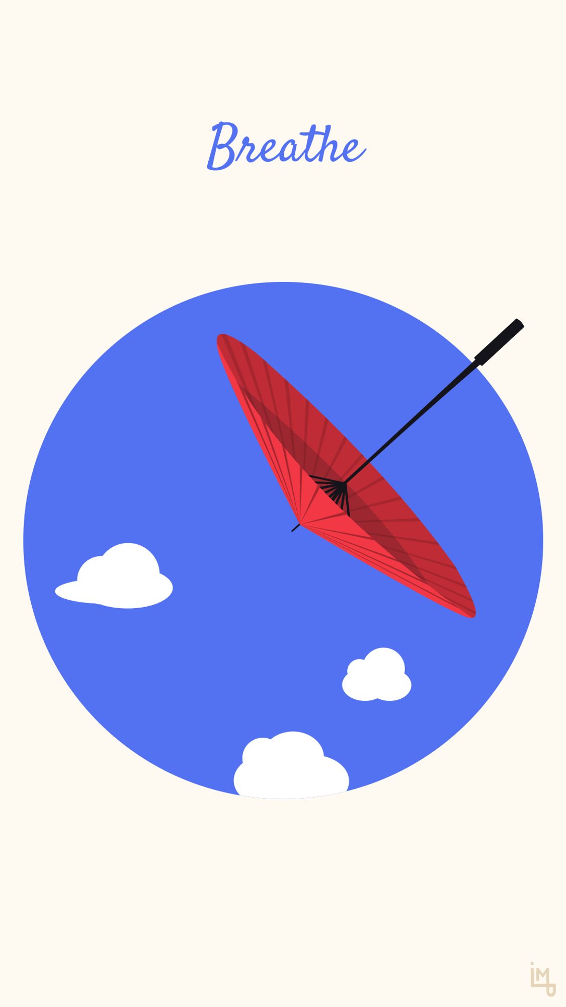 Illustration for a poem called "Breathe". It shows a red umbrella flying on a blue background with white clouds.