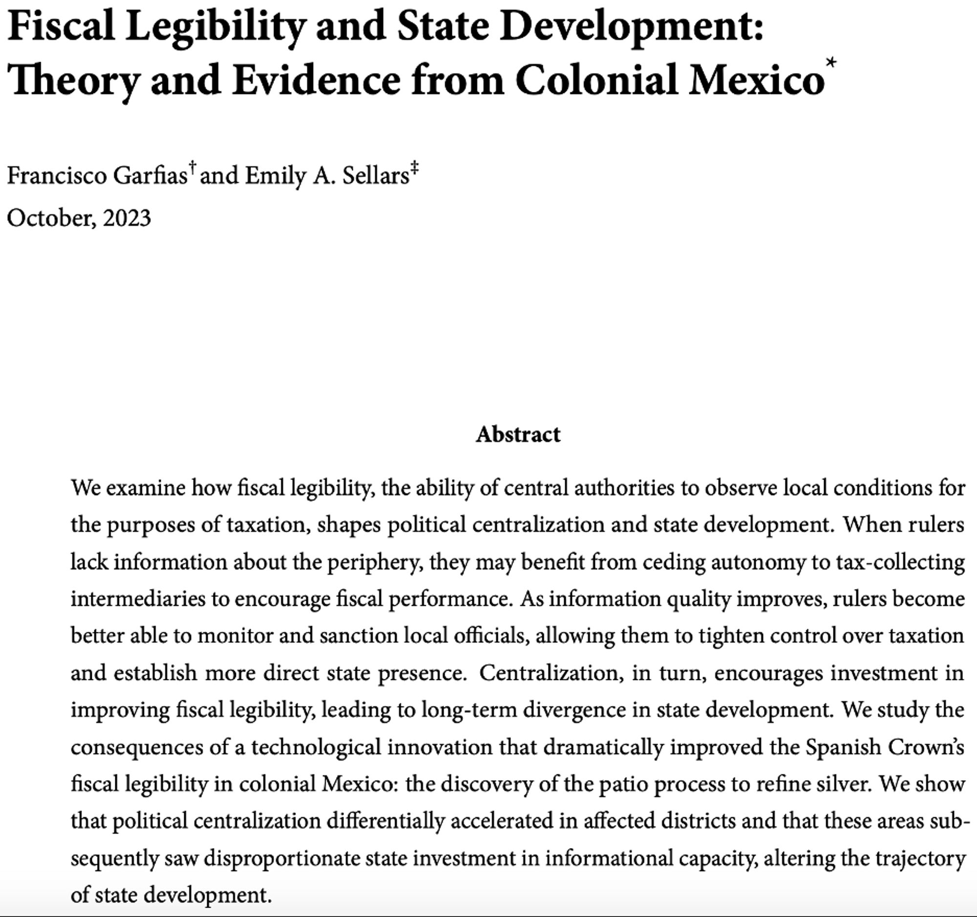 Abstract for the article "Fiscal Legibility and State Development: Theory and Evidence from Colonial Mexico".